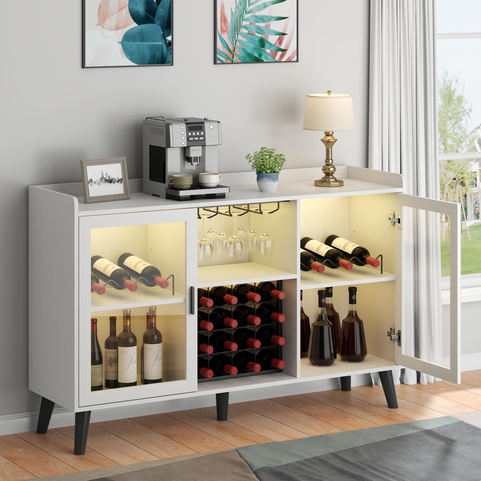 White Wine Bar Cabinet with LED Lighting - Freestanding Kitchen Buffet Sideboard with Glass Rack & Storage Shelves for Living Room, Dining Room - Perfect for Home Entertaining & Coffee Station Setup
