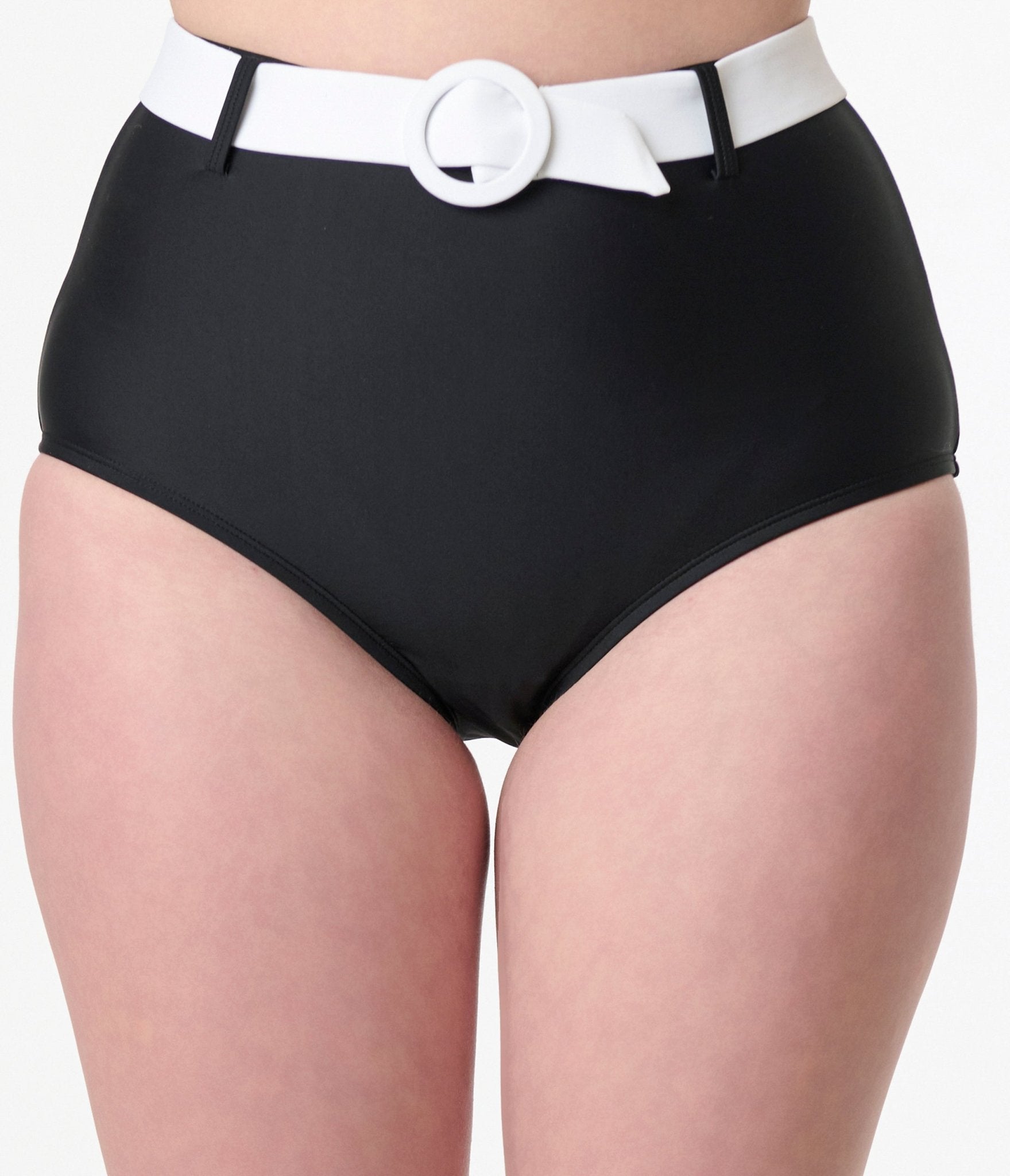 Vintage Black & White High Waisted Swim Bottoms with Belt - Retro Swimwear for Women - Perfect for Beach Vacations, Pool Parties & Summer Getaways