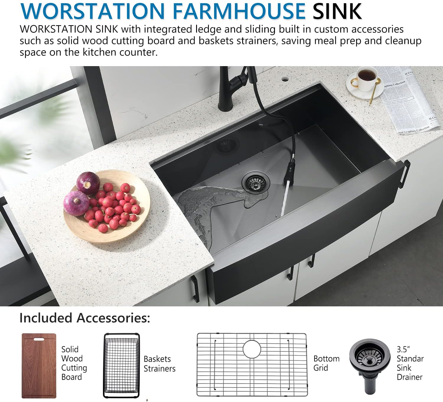 30 Inch Black Undermount Farmhouse Kitchen Sink - 16 Gauge Stainless Steel Apron Front Sink with Accessories (30