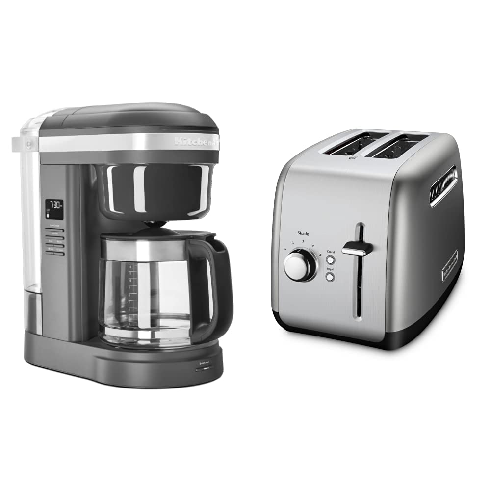 KitchenAid KCM1208DG 12-Cup Programmable Coffee Maker with Spiral Showerhead & KMT2115 2-Slice Toaster for Bagels, Bread, Pastries - Silver | Perfect for Home Kitchens, Offices & Breakfast Nooks