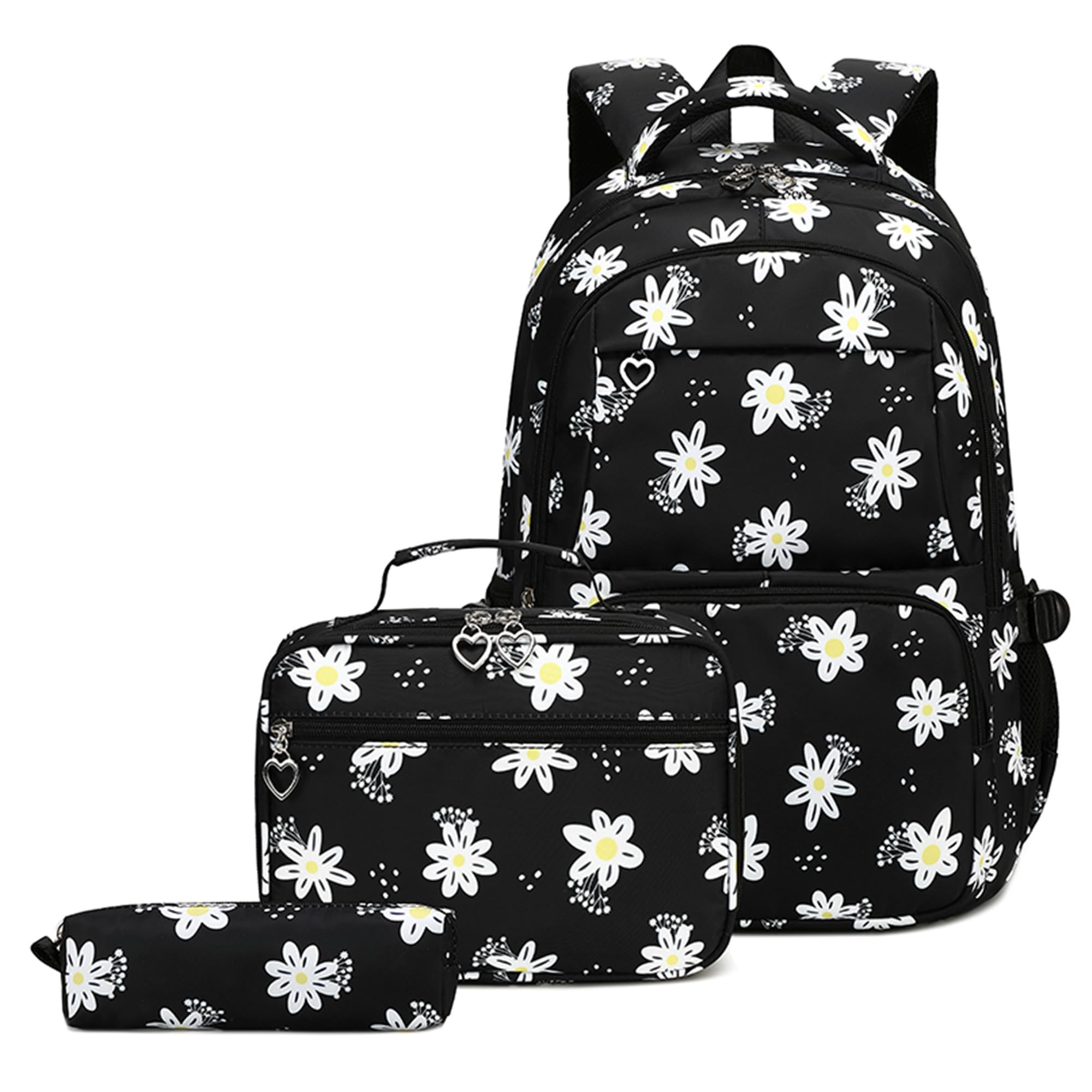 ZHANAO Girls Daisy Backpack Set - 3 Piece School Backpack with Lunch Box for Teens & Kids | Cute Flower Print Daypack for School, Travel & Daily Use