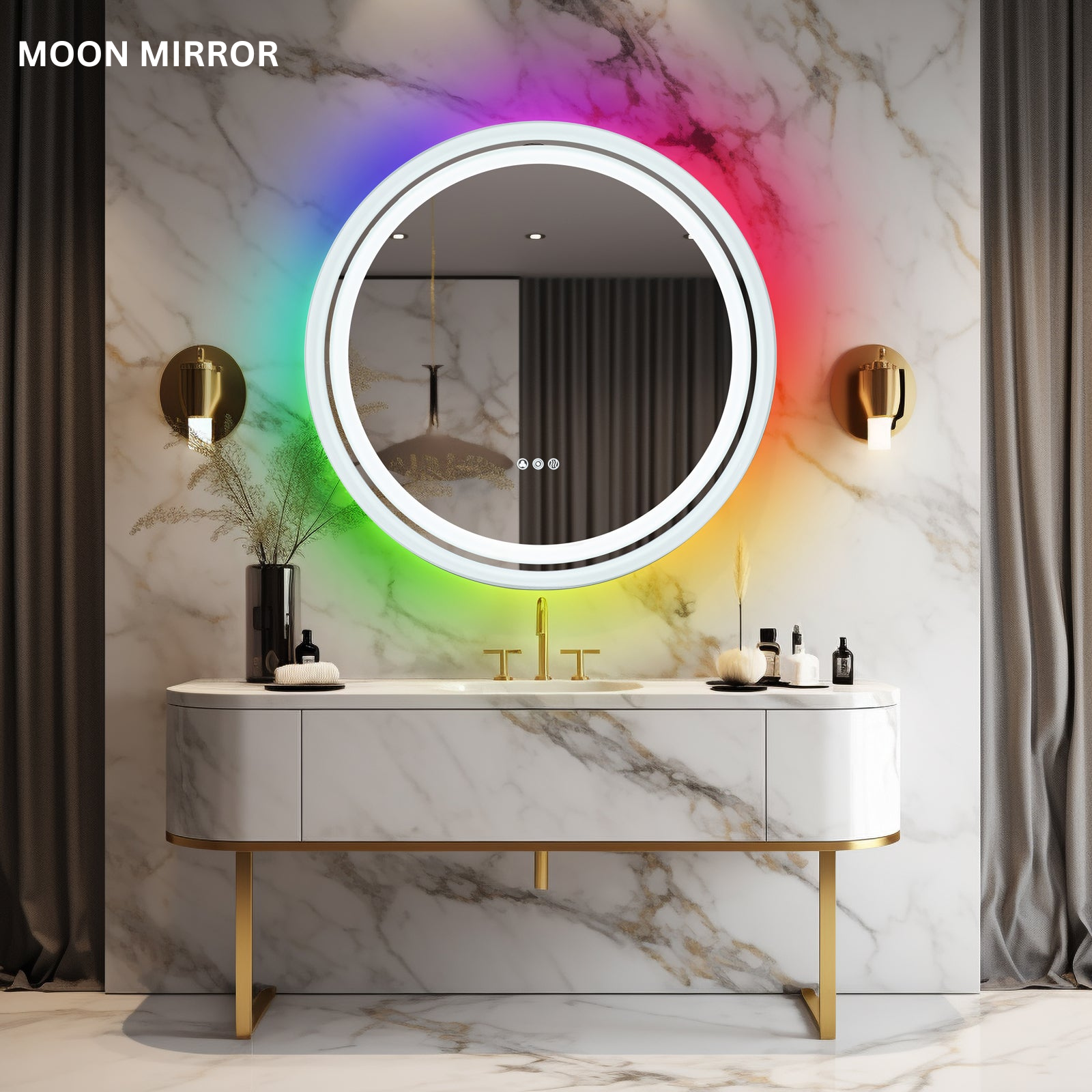 MOON MIRROR 24 Inch Round LED Bathroom Vanity Mirror with Lights - White Framed, Dual Front & Back Lighting, Anti-Fog, Touch Control - Perfect for Makeup, Shaving & Home Decor
