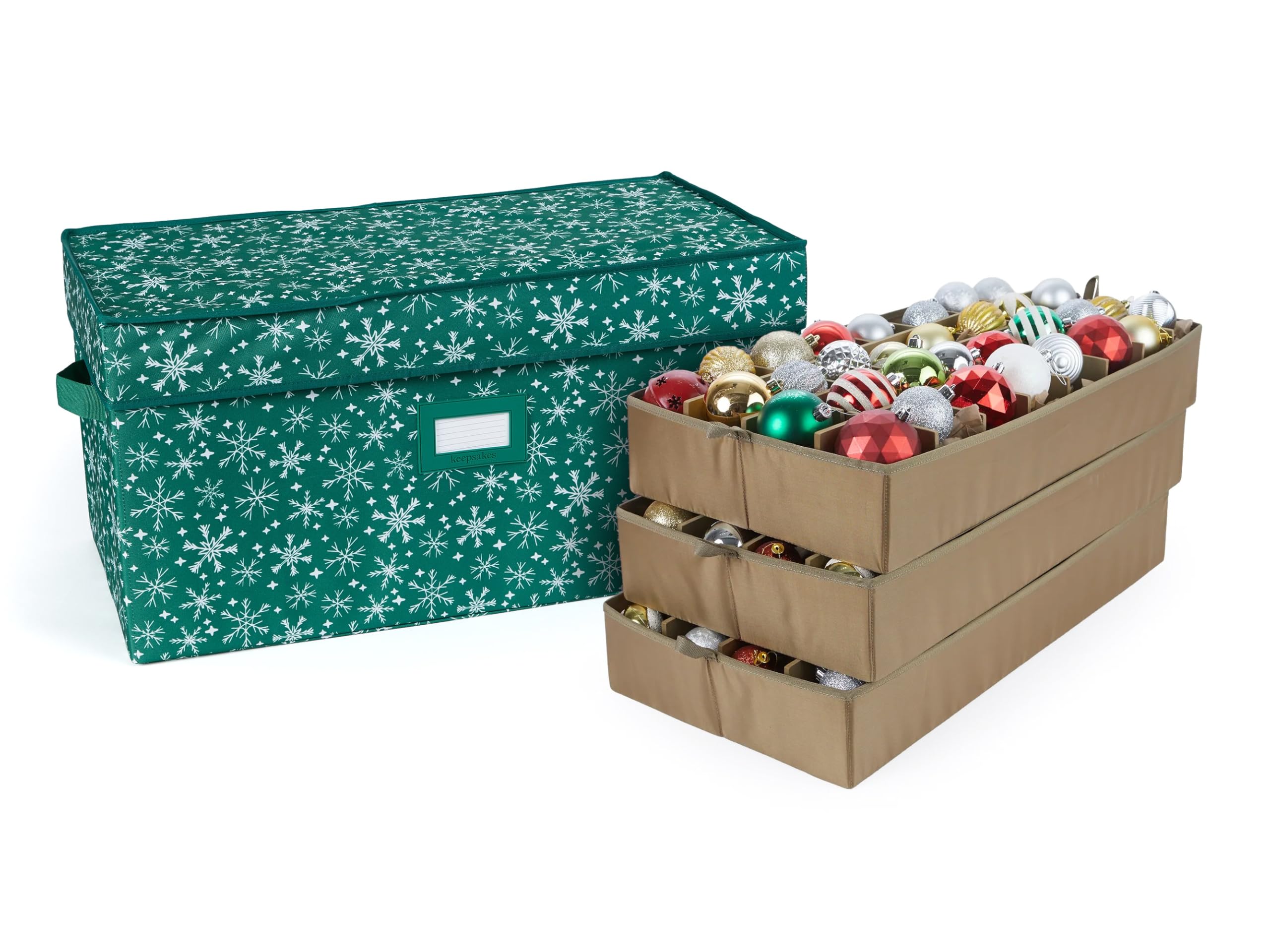 Covermates Keepsakes Adjustable Ornament Storage Box with Carrying Handles & Padded Protection - Holiday Decoration Organizer for Christmas Tree Ornaments (Green Snowflake Design) - Perfect for Seasonal Storage & Home Organization
