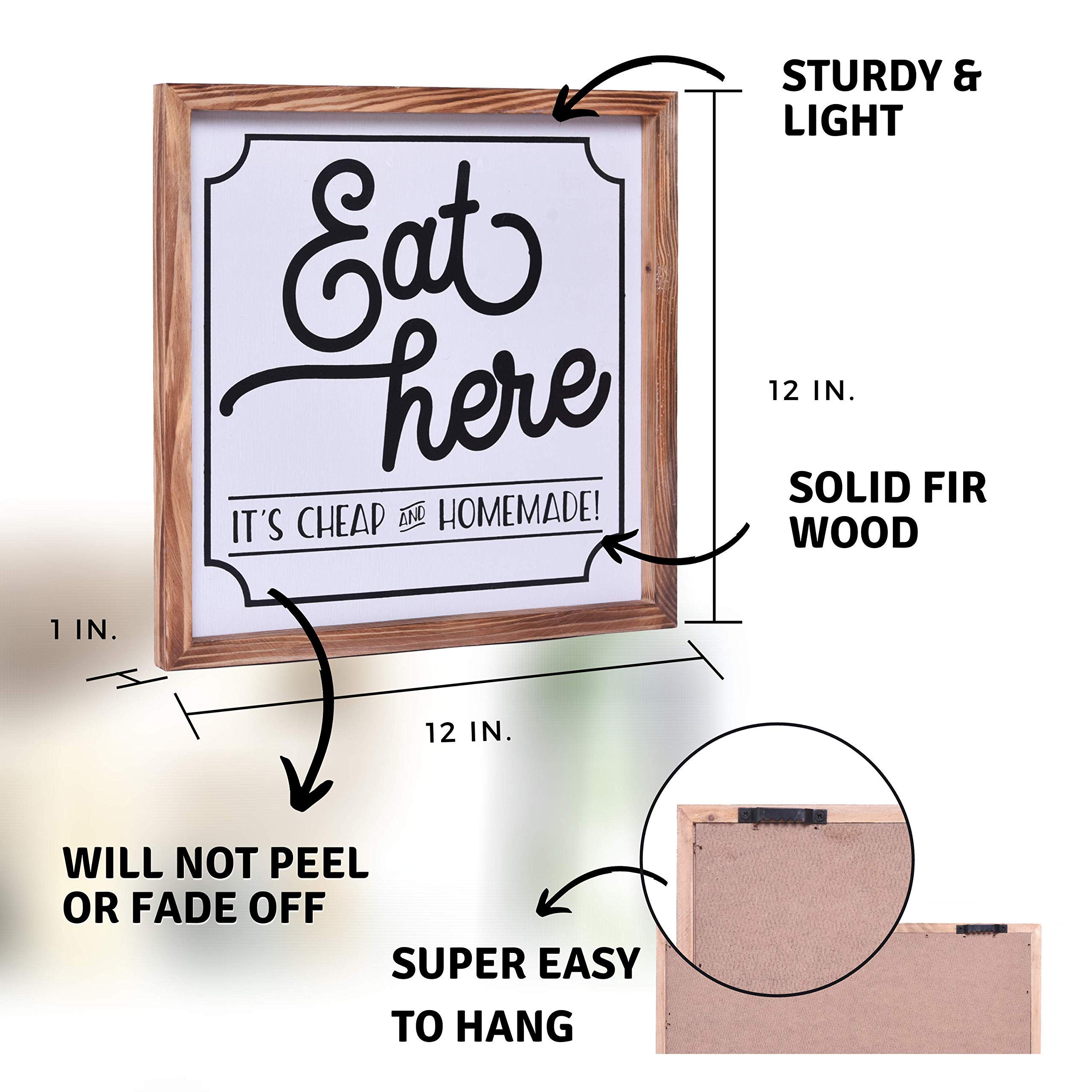 Farmhouse Kitchen Decor - Rustic 'Eat Here' Wooden Sign 12x12 Inches with Wood Frame - Country Style Kitchen Wall Art & Accessories - Perfect for Dining Room, Kitchen Decor, and Farmhouse Style Homes