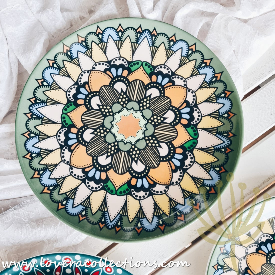 Mandala Green & White Salad Plate Set - Elegant Hand-Painted Ceramic Dinnerware for Home & Restaurant Use - Perfect for Salads, Appetizers, Desserts & Party Serving