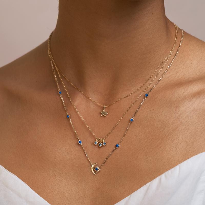 Moon and Star Charm Sapphire Starburst Necklace - Elegant Celestial Jewelry for Women | Perfect for Date Nights, Weddings & Special Occasions