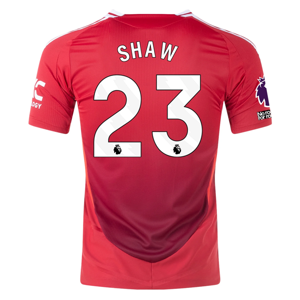 Adidas Manchester United Authentic Luke Shaw Home Jersey 2024/25 - EPL & No Room For Racism Patches (MUFC Red/Bright Red) | Official Football Shirt for Games & Fan Support