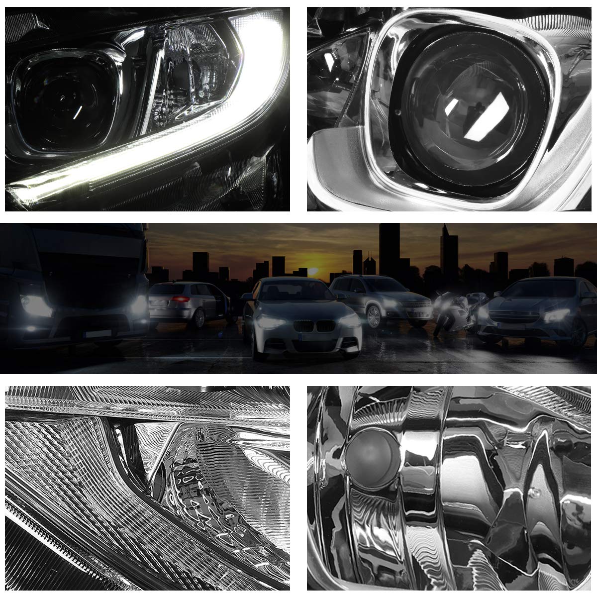 LED DRL Projector Headlight Assembly for 2016-2018 Honda Civic - Chrome Housing with Clear Corner Lens - High Visibility Daytime Running Lights for Night & Fog Driving