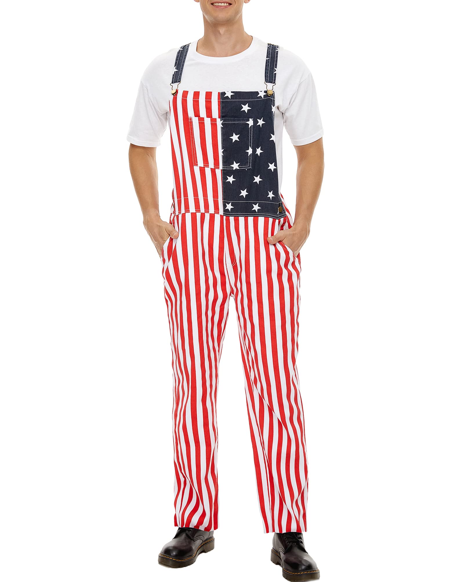 Men's & Women's American Flag Denim Overalls Shorts - Adjustable Strap Casual Romper Jumpsuit for Summer Outfits, BBQ Parties & Patriotic Events
