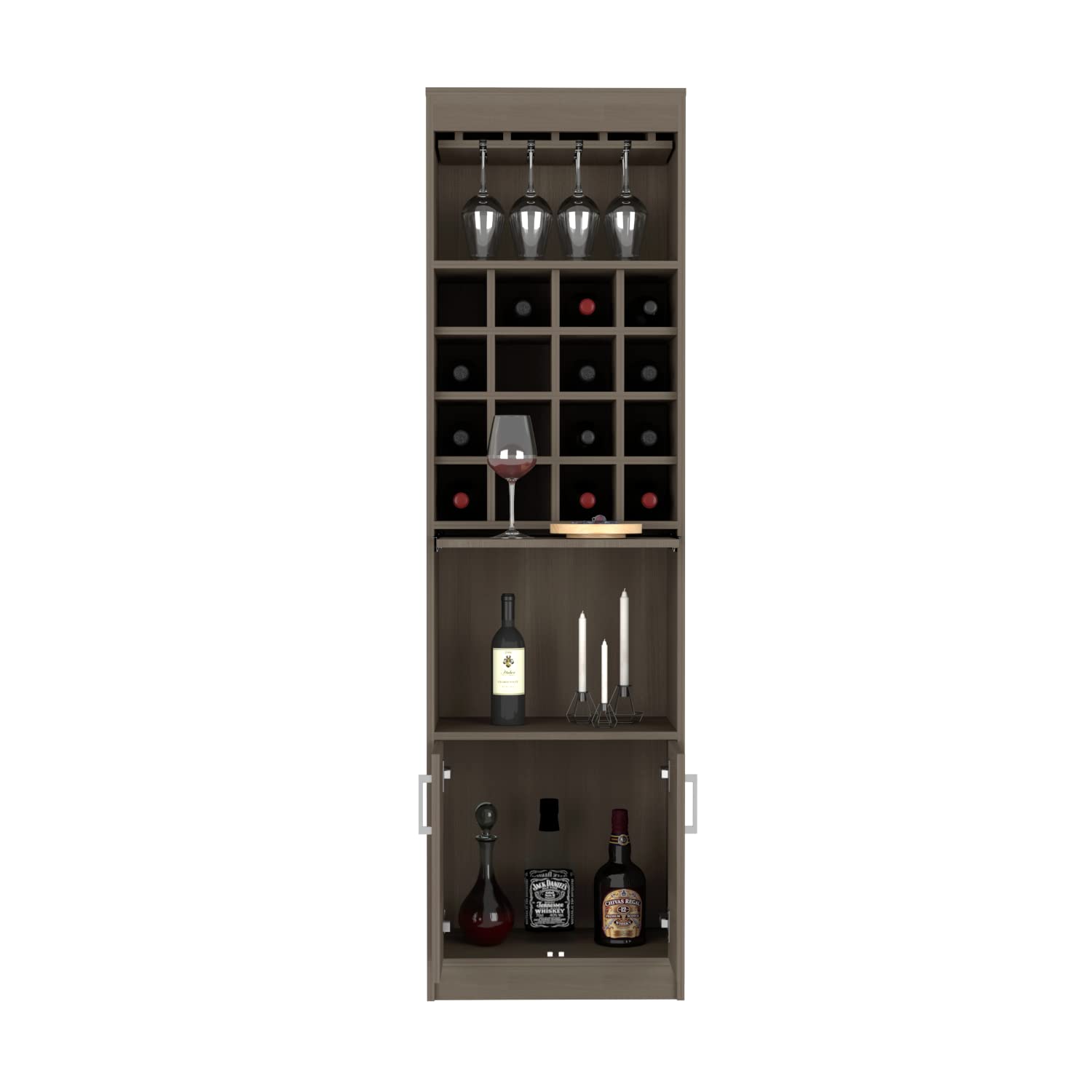 Bar Cabinet Modoc with Extendable Shelf & 16 Wine Cubbies - Smokey Oak Finish | Perfect for Home Bar, Dining Room & Entertaining