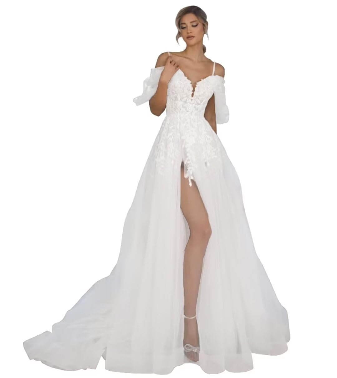 Elegant Off-Shoulder Long Lace Tulle Beach Wedding Dress with Slit & Sweep Train – Perfect for Beach Brides, Destination Weddings & Romantic Photoshoots