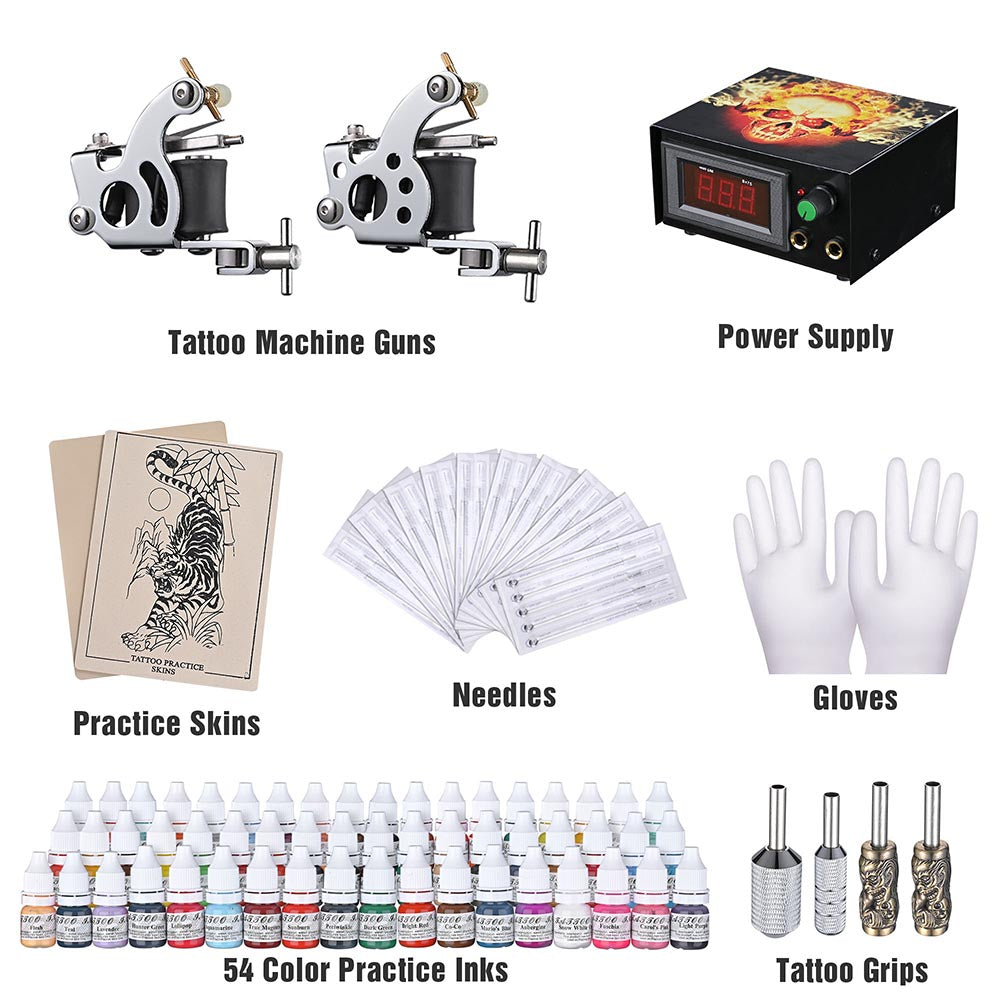 Professional Tattoo Kit with 2 Machines, LCD Power Supply & 54 Color Inks - Complete Starter Set with Carrying Case - Perfect for Home Tattoo Artists & Beginners