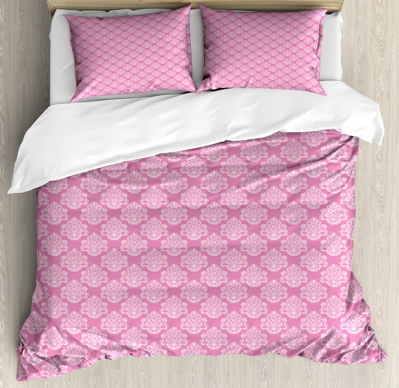 Ambesonne Pink Duvet Cover Set Queen Size - Floral Renaissance Design with Intricate Petals & Leaves - 3 Piece Bedding Set Includes Duvet Cover & 2 Pillow Shams - Vintage Home Decor for Master Bedroom, Guest Room or Bohemian Style Apartment