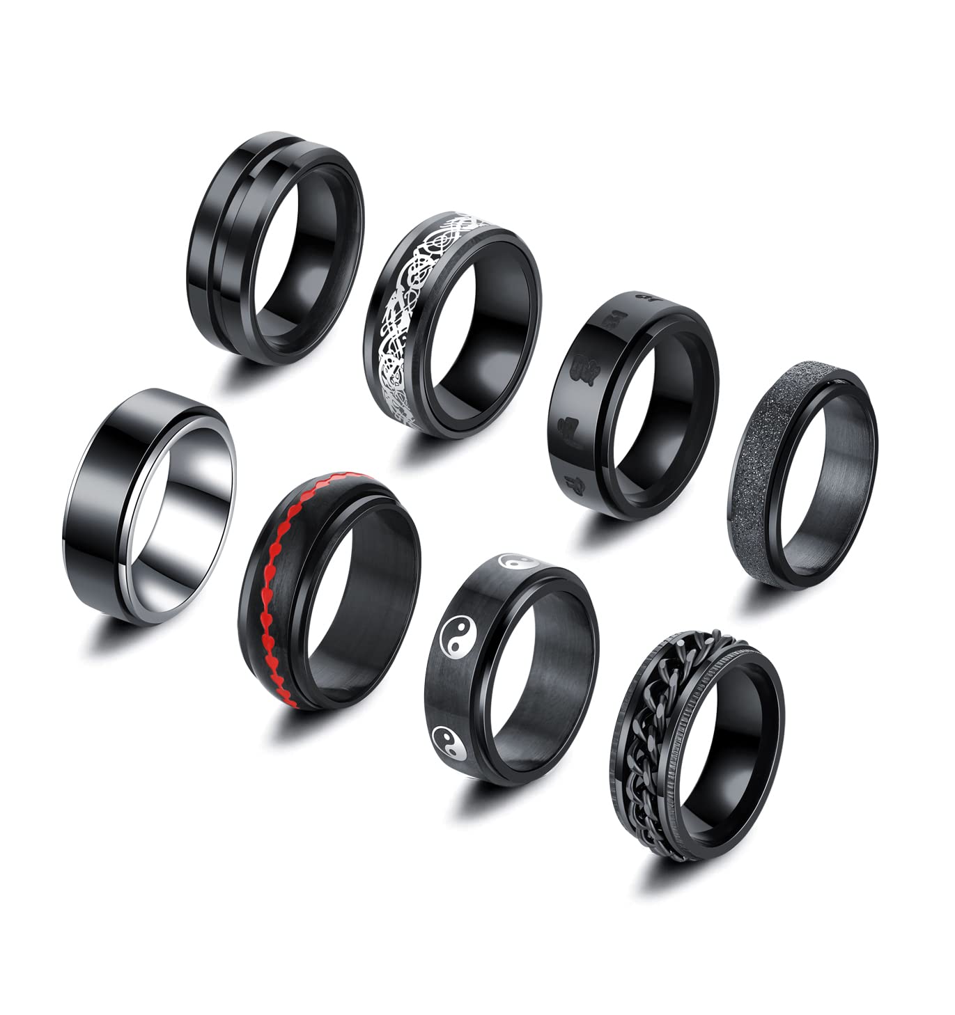 WFYOU 8Pcs Black Stainless Steel Spinner Rings for Men - Stress Relief Fidget Rings, Fashion Wedding Band, Cool Promise Ring for Anxiety Relief - Perfect for ADHD, Autism, Office Work & Gifts