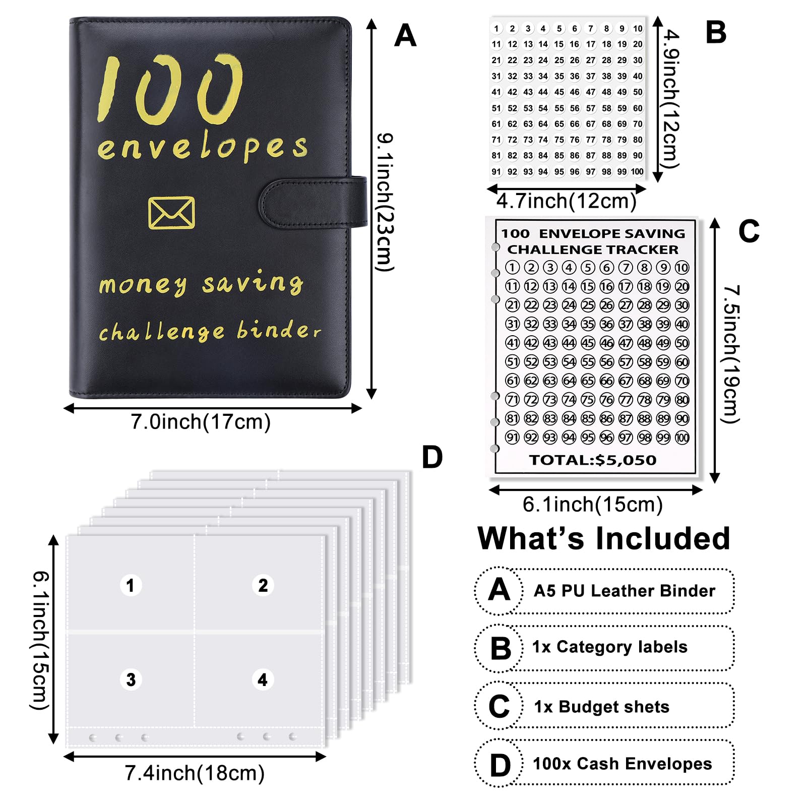 100 Envelopes Money Saving Challenge Kit - Cash Budgeting Binder with Storage Pouches for Emergency Savings & Family Budget Planning | Black Budget Book for Financial Goals & Money Management