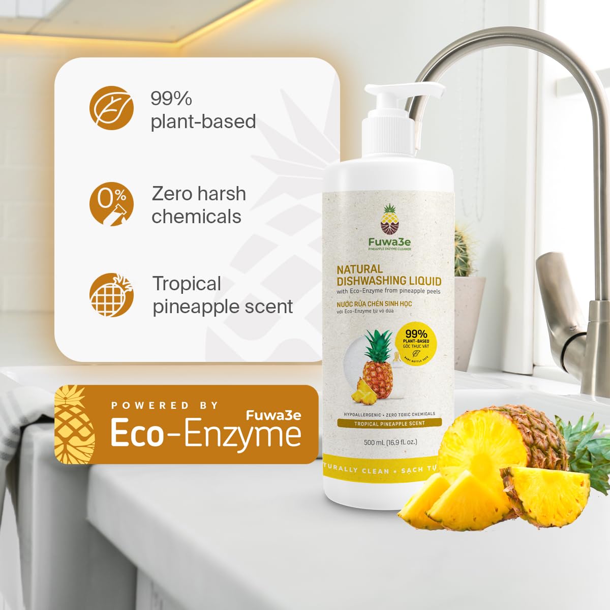 Fuwa3e Pineapple Enzyme Dish Soap - 16.9oz 3 Pack, Plant-Based & Hypoallergenic for Gentle Cleaning