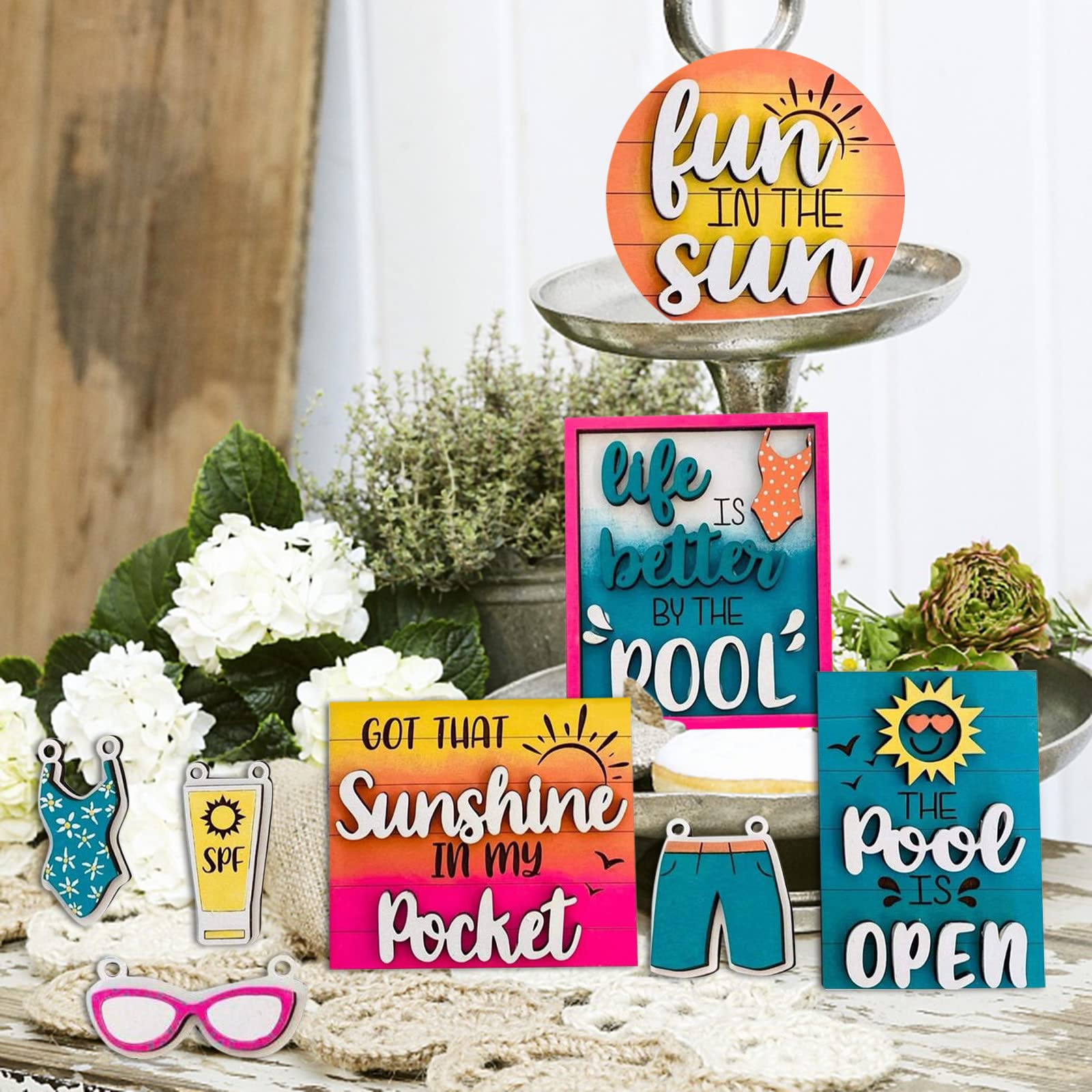 Summer Tiered Tray Decor Set - Beach Party Decorations with Wooden Sign for Farmhouse Style (Sunset Theme) | Perfect for Coastal Home Decor, Kitchen Counter Display & Outdoor Entertaining