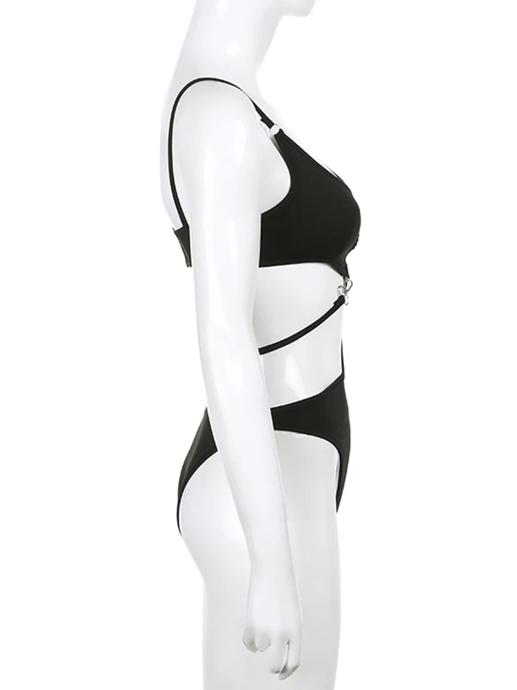 Sexy Women's Asymmetrical Spaghetti Strap Bodysuit with Metal Ring Cut Out Design - Slim Fit One Piece Jumpsuit for Club, Party & Night Out