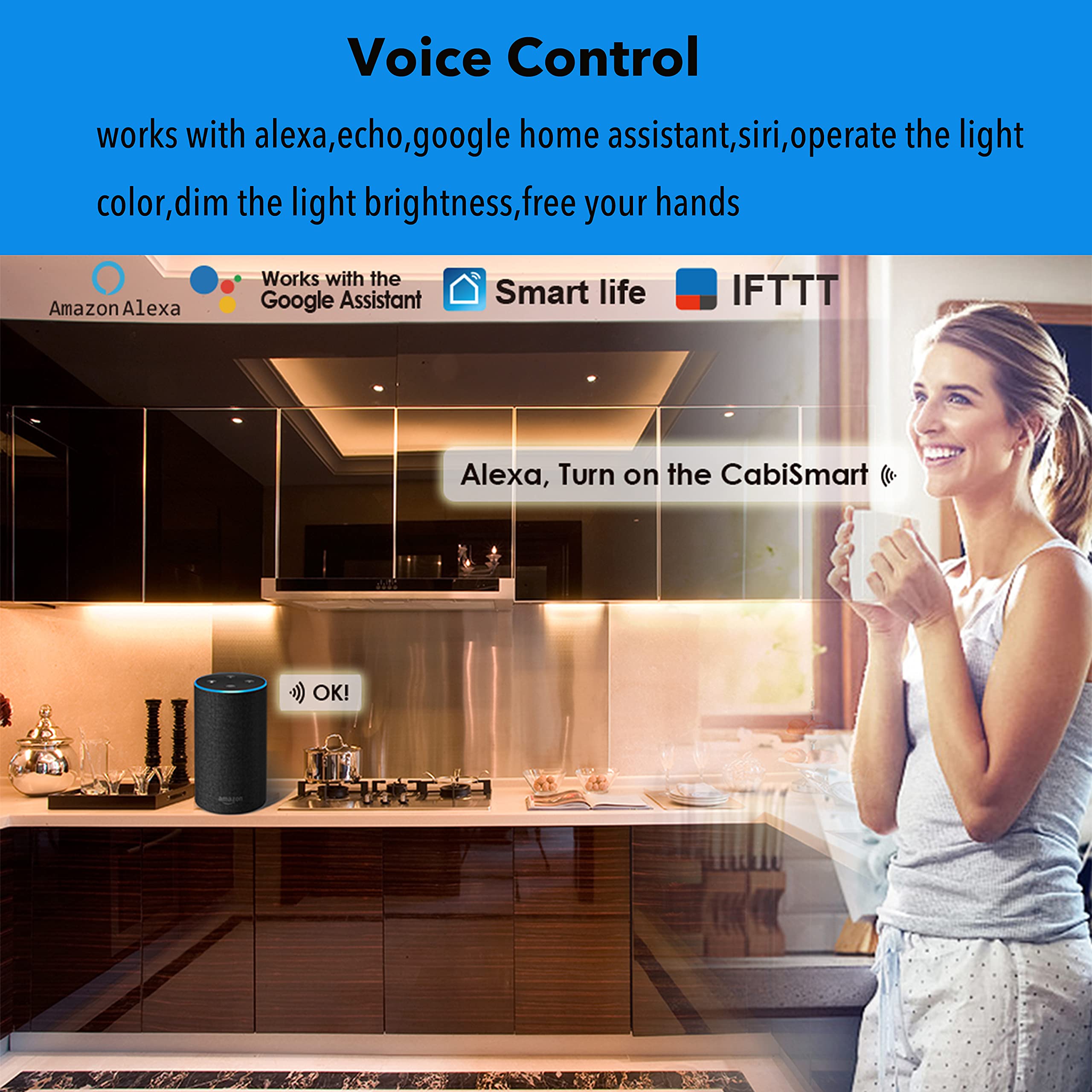 Smart LED Under Cabinet Lighting Dimmable Strip Lights - 6 Pack, Warm/Daylight/Cool White Adjustable, Alexa & Google Assistant Compatible, Phone App Control - Perfect for Kitchen, Cupboard, Shelf, Countertop, and Closet Lighting