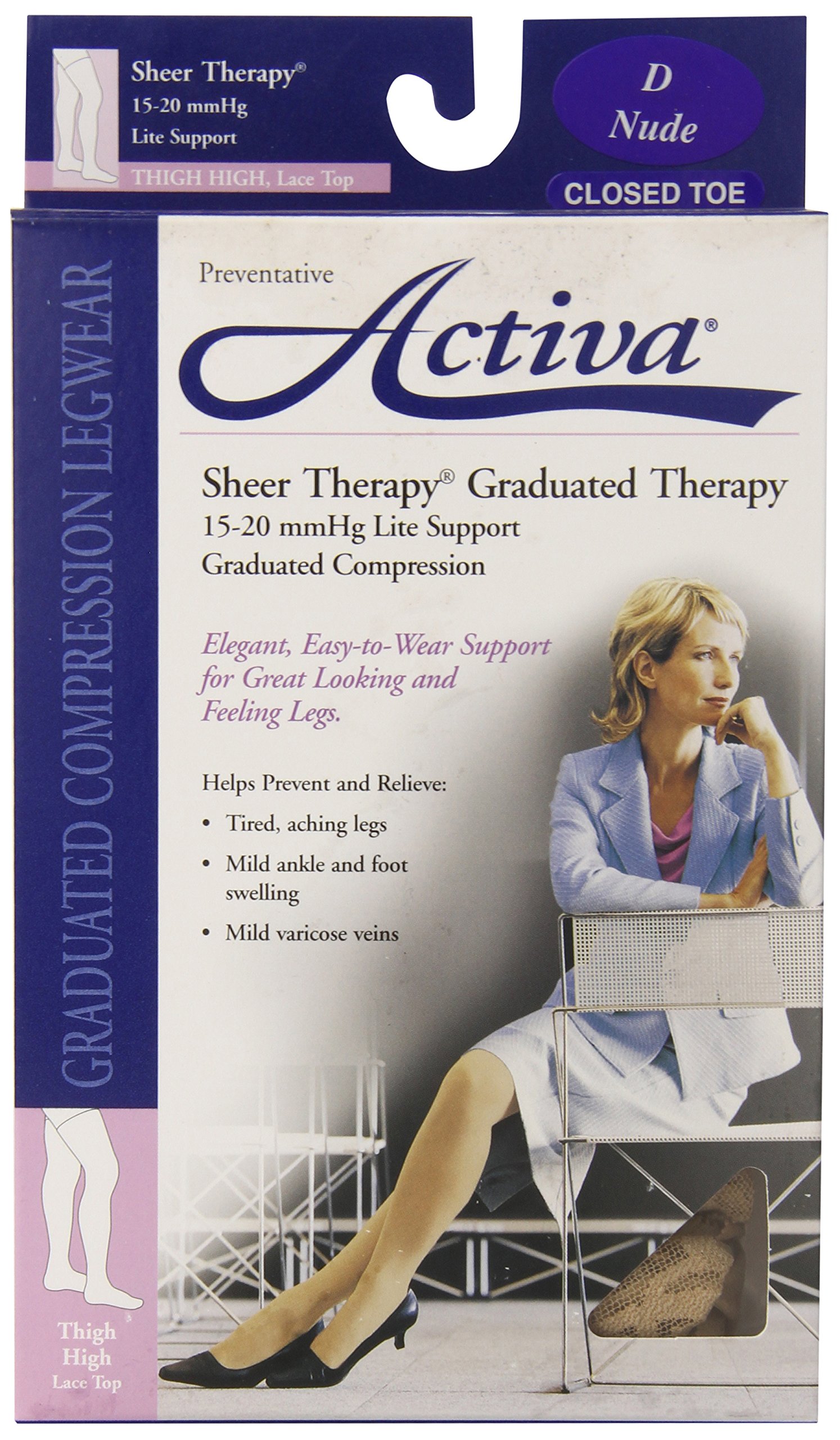 Activa Sheer Therapy 15-20 mmHg Thigh High Compression Stockings with Lace Top - Nude Color, Size D - Perfect for Varicose Vein Relief & Post-Surgery Recovery