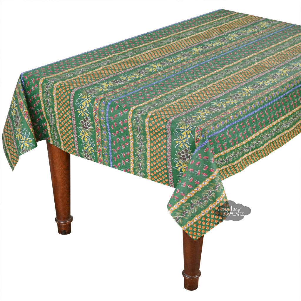 58 Square Olives Green Acrylic Coated Cotton Provence Tablecloth by Le Cluny - Waterproof & Stain-Resistant Dining Table Cover for Kitchen, Outdoor Picnic, and Party Decor