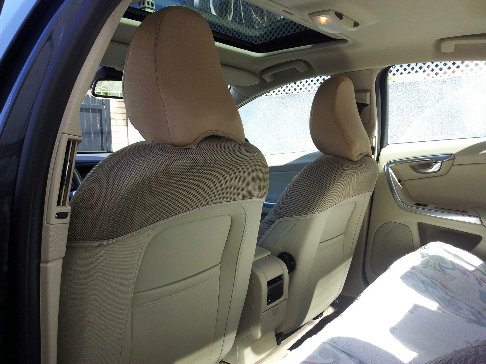 Premium Custom Fit Front Car Seat Covers for Volvo S60 2015-2023 - Genuine Leatherette Center & Durable Synthetic Sides in Tan | Luxury Protection & Comfort for Daily Commute & Road Trips
