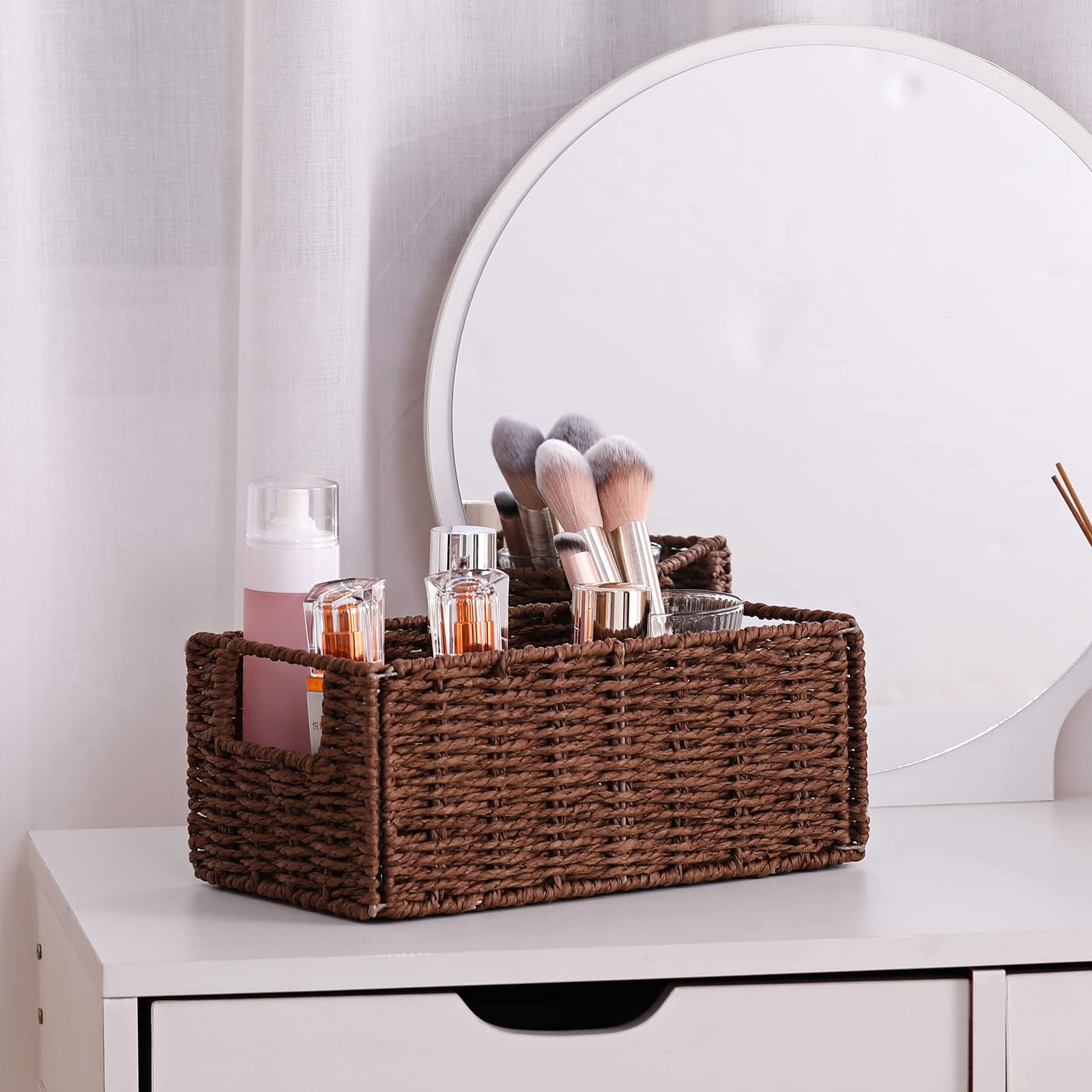 Vagusicc Set of 2 Hand-Woven Wicker Storage Baskets - Foldable Paper Rope Organizer Bins for Shelves, Toilet Paper Storage & Home Organization (Brown) - Perfect for Bathroom, Bedroom & Closet Storage Solutions