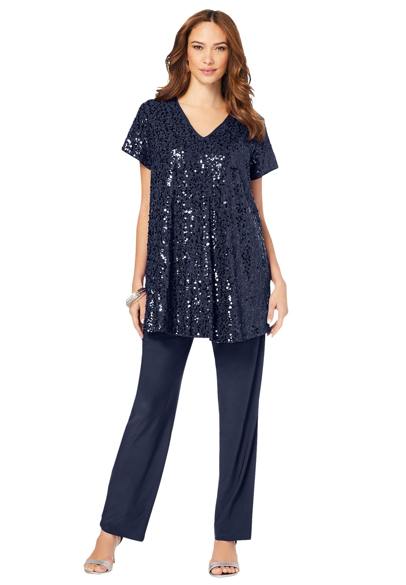 Romwe Women's Plus Size Sequin Pants Set - Sparkly Lounge Wear for Parties, Date Nights & Special Occasions
