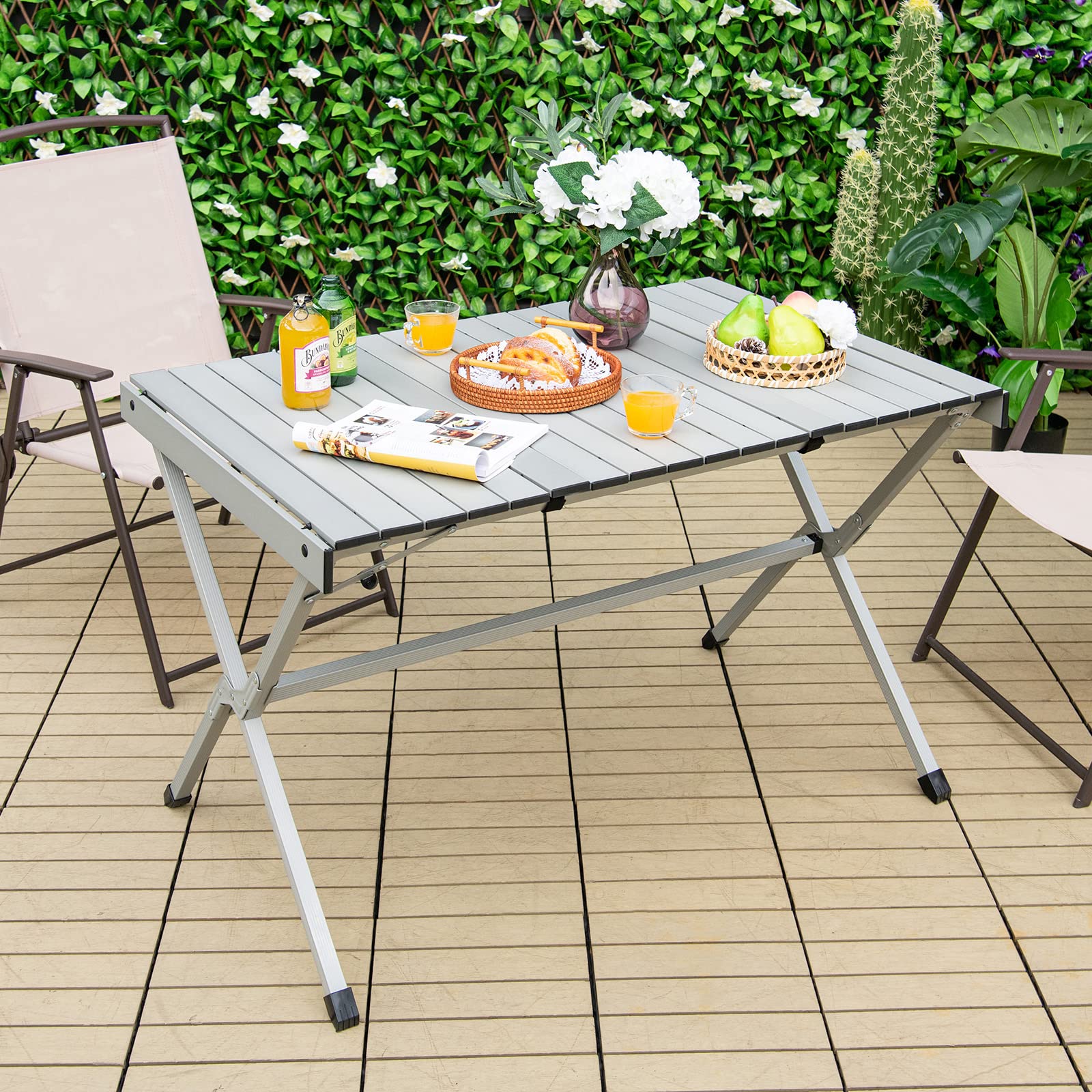 Giantex Folding Camping Table for 6-8 People, Portable Roll Up Picnic Table with Carry Bag - Lightweight Aluminum Outdoor Dining Table for BBQ, Grill, Travel, Beach, Backyard (110cm) - Perfect for Camping Trips, Tailgating & Outdoor Parties