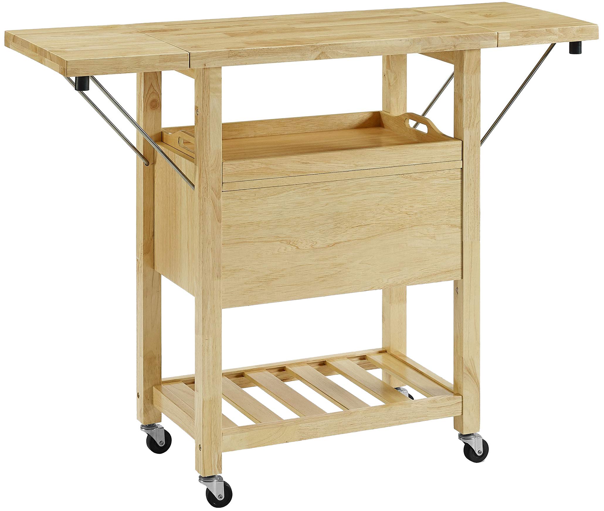 Crosley Bristol Drop Leaf Rolling Kitchen Cart with Serving Tray & Shelves - Microwave Stand, Storage Organizer for Small Spaces, Natural Wood - Perfect for Apartments, Dorms & Compact Kitchens