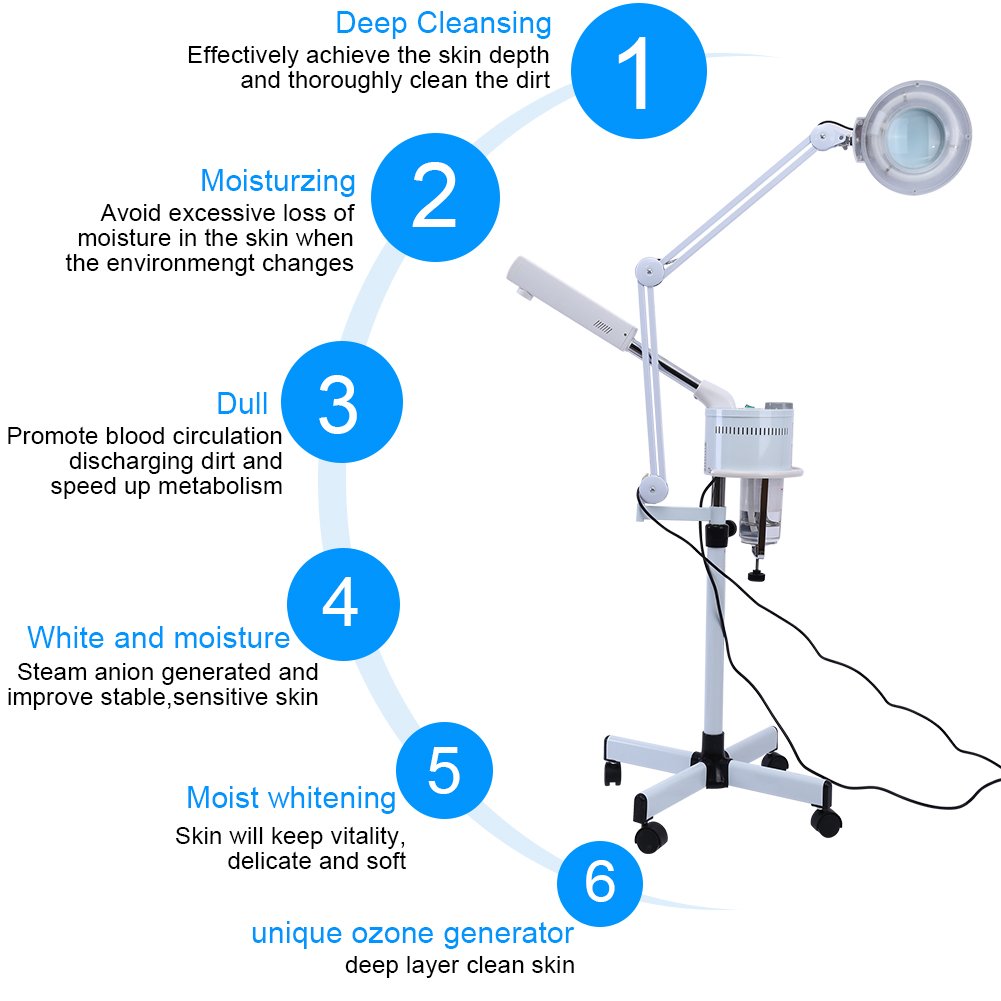 Professional 3-in-1 Facial Steamer with 5X Magnifying Lamp & Aromatherapy - LED Floor Magnifier Light with Rolling Wheels for Salon, Spa & Home Skincare Treatments - Perfect for Deep Cleansing, Blackhead Removal & Relaxation