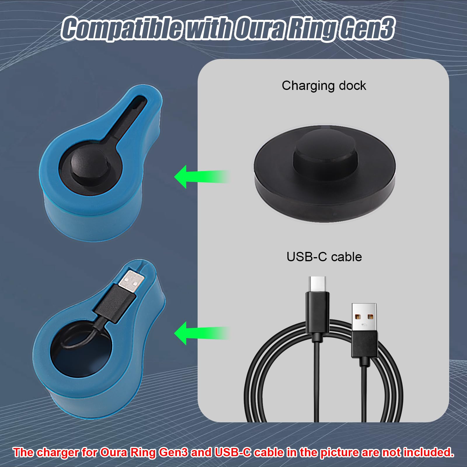 Waterproof Silicone Charger Case for Oura Ring Gen3 - Washable USB Cable Protector with Storage Bag & LED Light - Portable Charging Organizer for Travel, Gym, and Home Use (Blue)