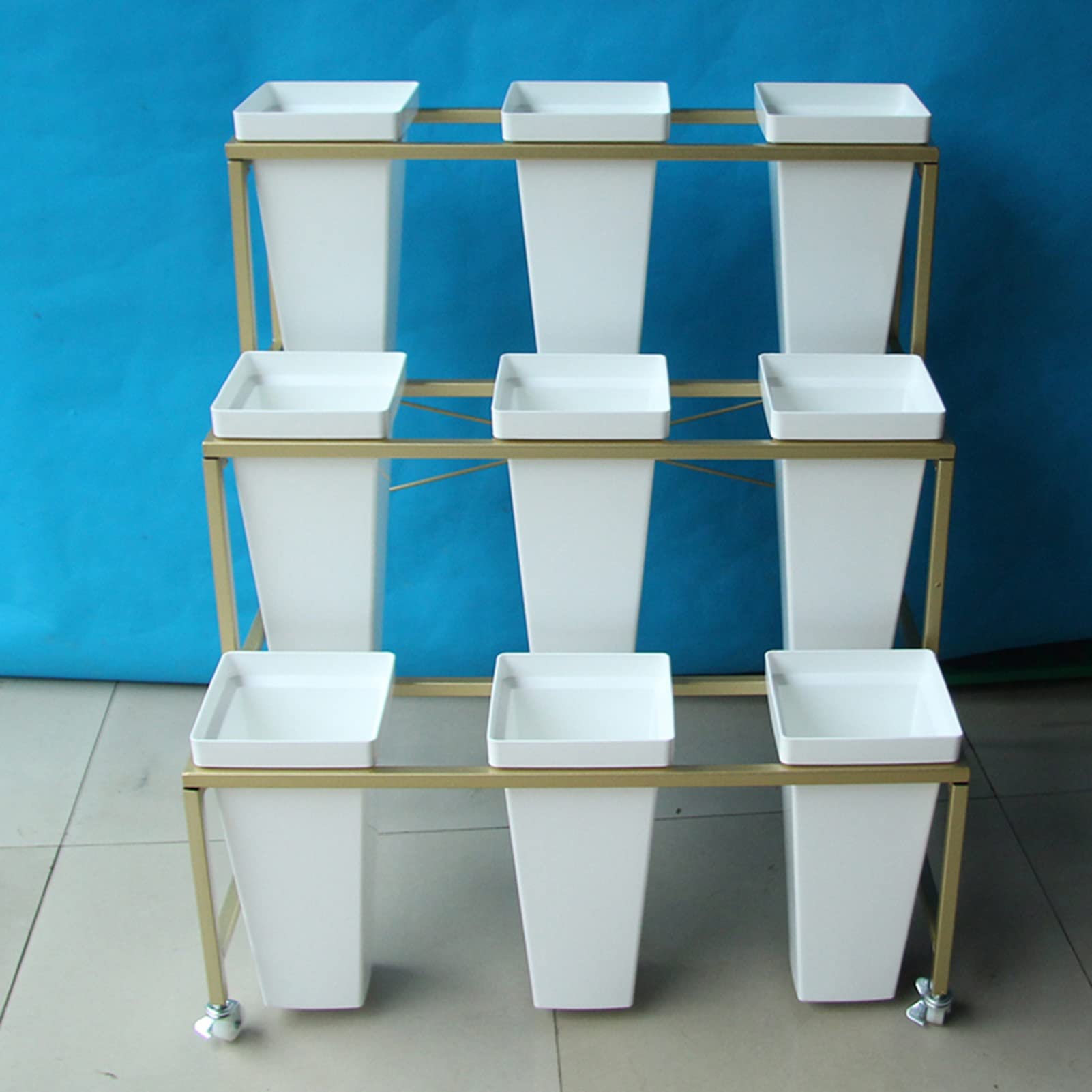9 Buckets Flower Display Stand - 3 Tier Wrought Iron Florist Shelf with Wheels, Gold Storage Rack (75×58×85cm) - Perfect for Flower Shops, Garden Centers & Home Decor (White)