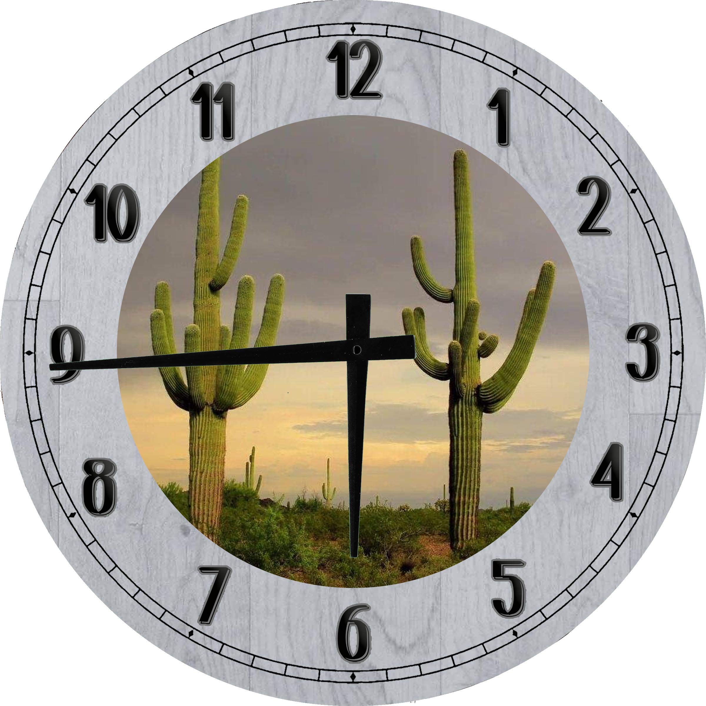 Large 18 Inch Gray Wooden Cactus Wall Clock - Desert Home Decor, Round Wall Art for Living Room, Bedroom & Office