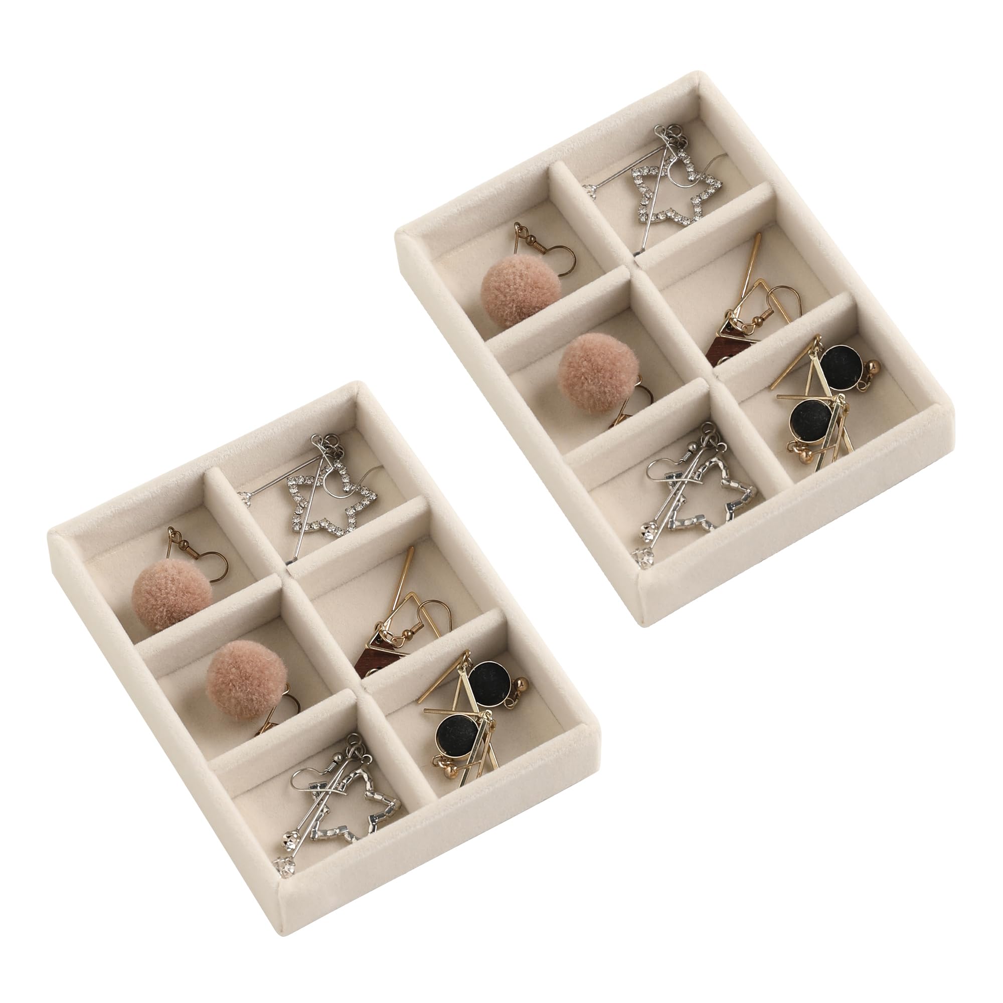 Frebeauty Small Jewelry Tray Set - Stackable Velvet Jewelry Organizer with 6 Grids for Earrings, Necklaces & Rings - Mini Drawer Inserts (4.92 x 3.74 x 0.9 Inches) - Beige 2-Piece Set - Perfect for Bedroom Vanity, Travel & Gift Giving