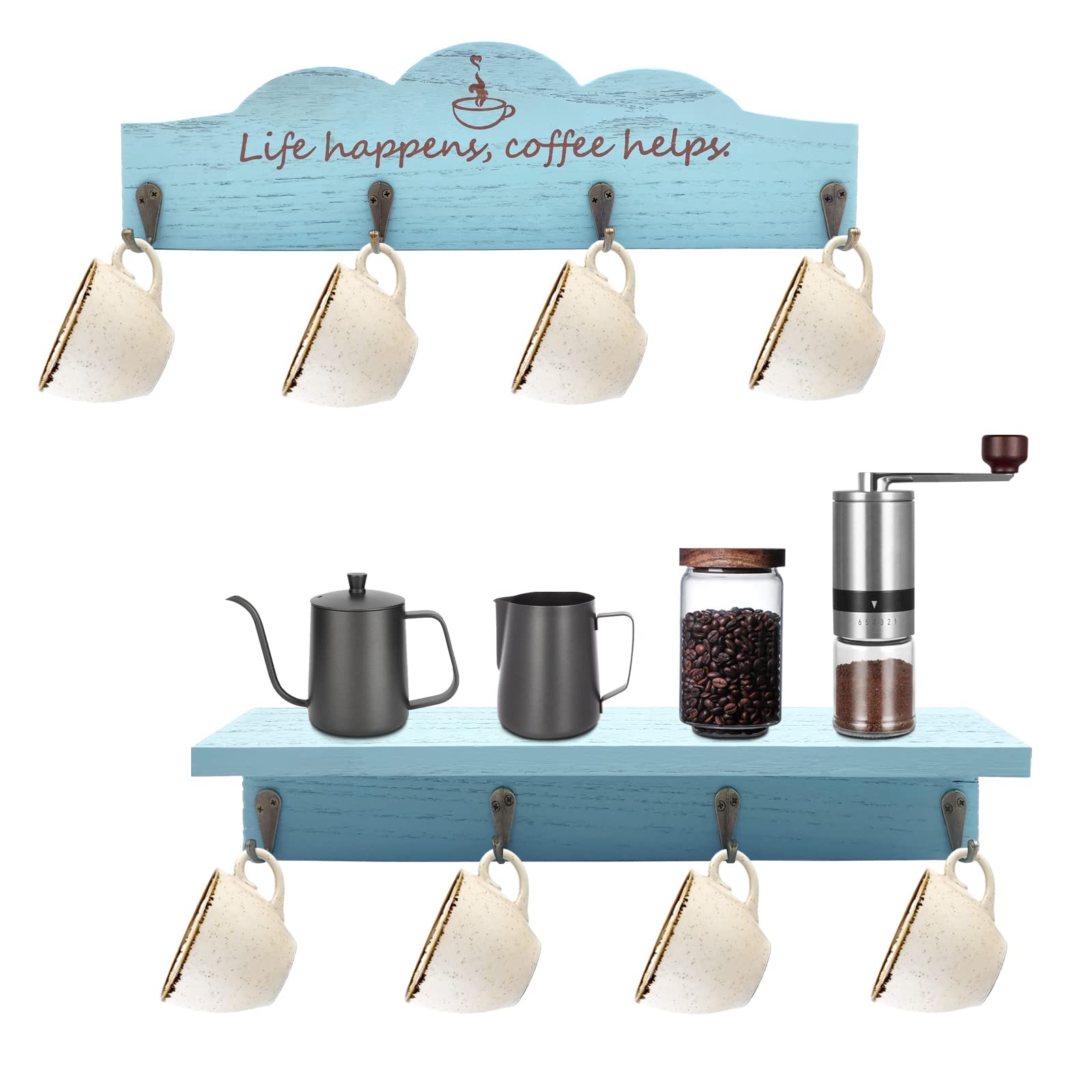 Sturdy Coffee Cup Holder with Hooks - Farmhouse Kitchen Decor, Mug Organizer & Display for Coffee Bar Accessories (Blue) - Perfect for Kitchen, Coffee Station, and Home Decor Organization