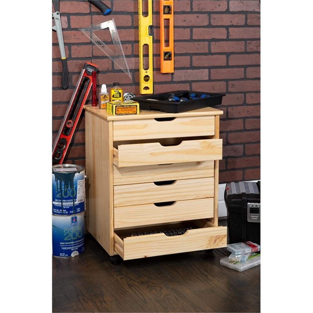 Natural Wood 6-Drawer Wide Rolling Cart with Wheels - Perfect for Office, Kitchen, Bathroom & Bedroom Storage Organization
