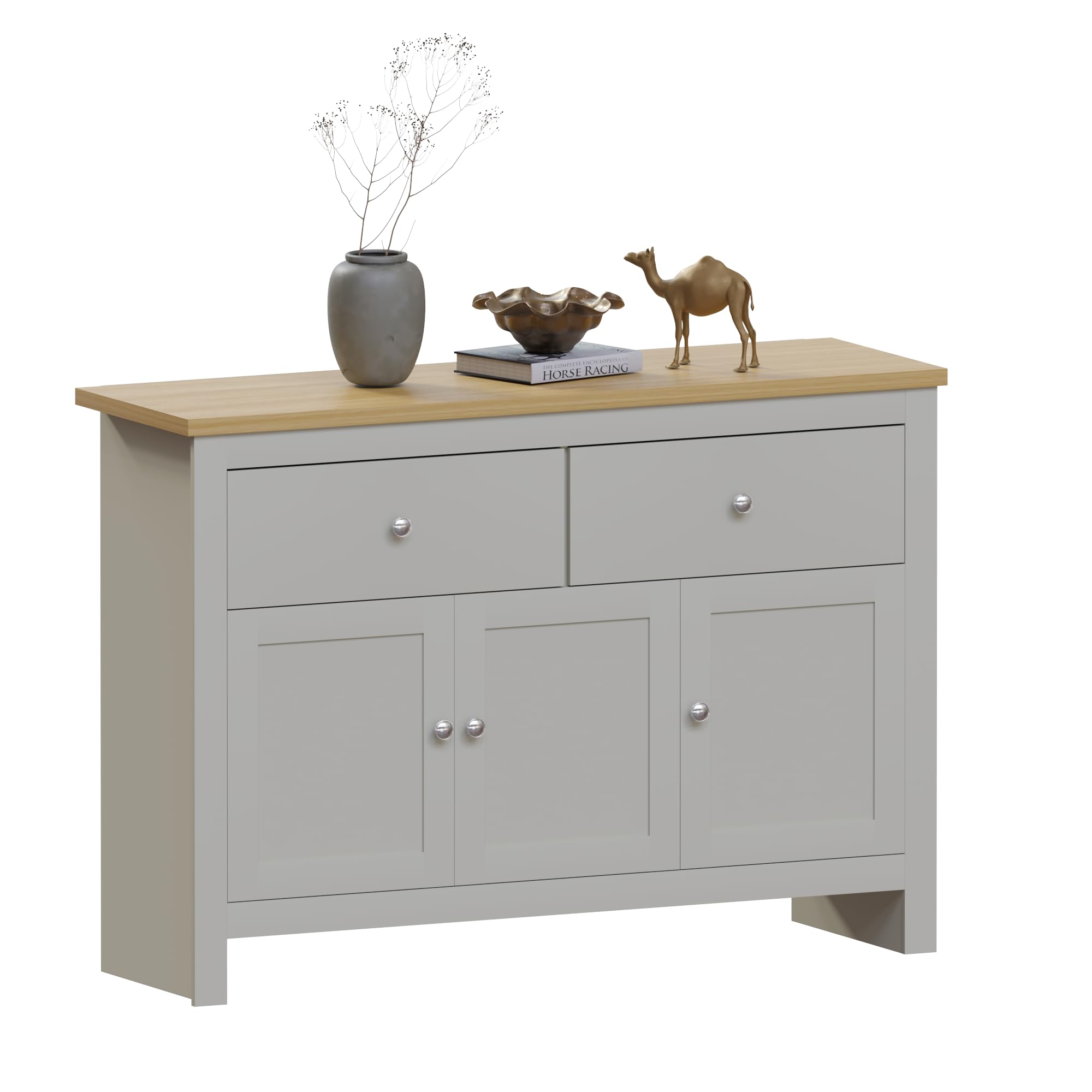 Vida Designs Arlington 2-Drawer 3-Door Sideboard Cabinet - Engineered Wood Storage Console Table in Grey & Oak Finish - 82cm Height x 117cm Width x 35cm Depth - Perfect for Living Room, Dining Room, or Entryway Storage