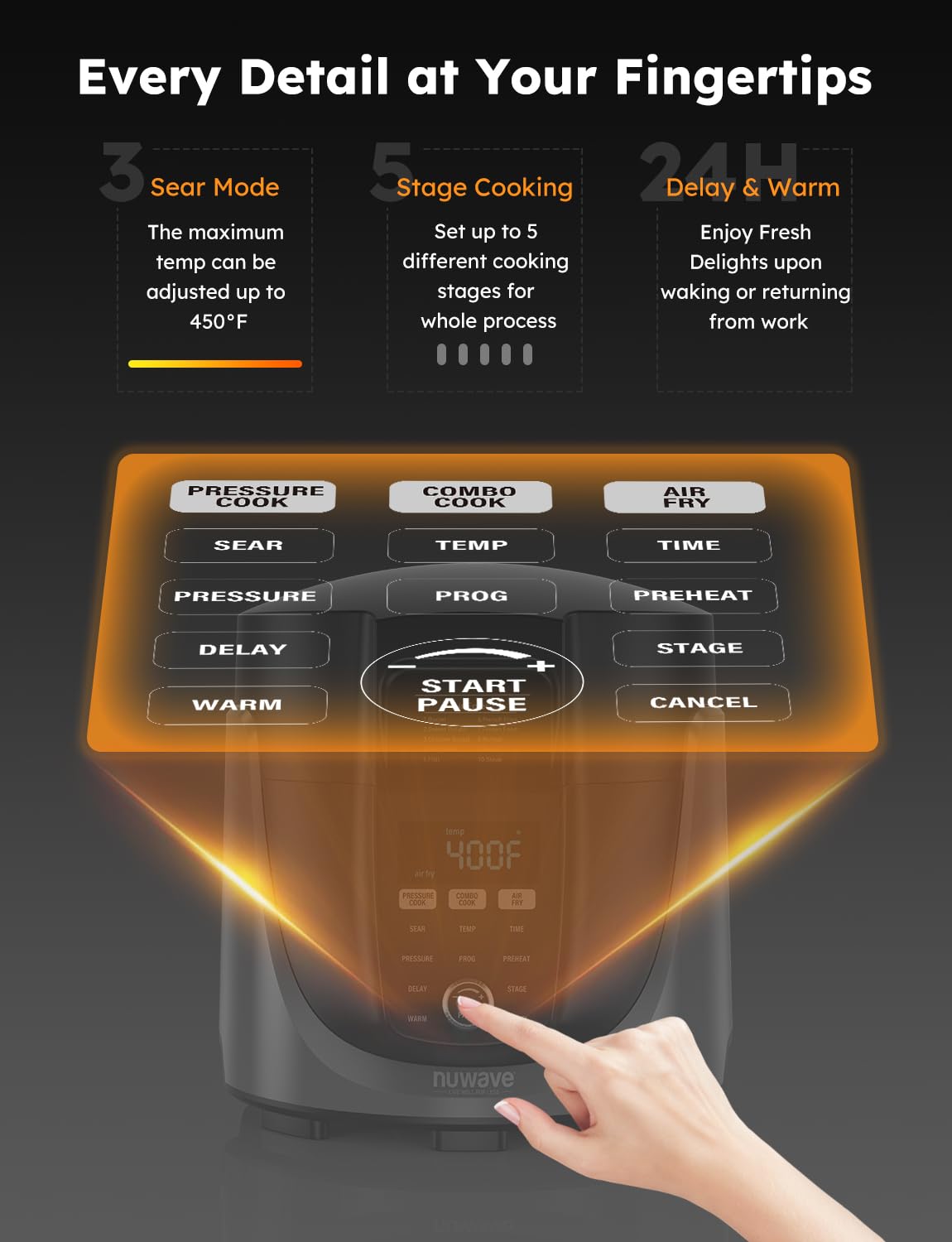Nuwave Duet Air Fryer & Electric Pressure Cooker Combo - 540-in-1 Multicooker with 2 Removable Lids, Slow Cook, Sear, Sauté Functions - 18/10 Stainless Steel Pot & 9 Deluxe Accessories - Perfect for Healthy Cooking, Meal Prep & Family Dinners