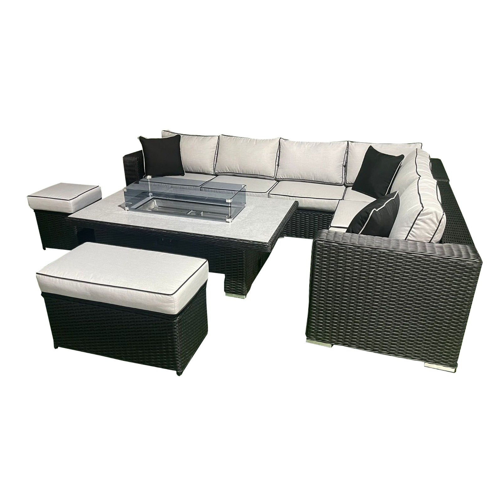 Luxury Black Rattan L-Shaped Patio Set with Fire Pit Table - Outdoor Furniture for Garden, Backyard, and Poolside Relaxation