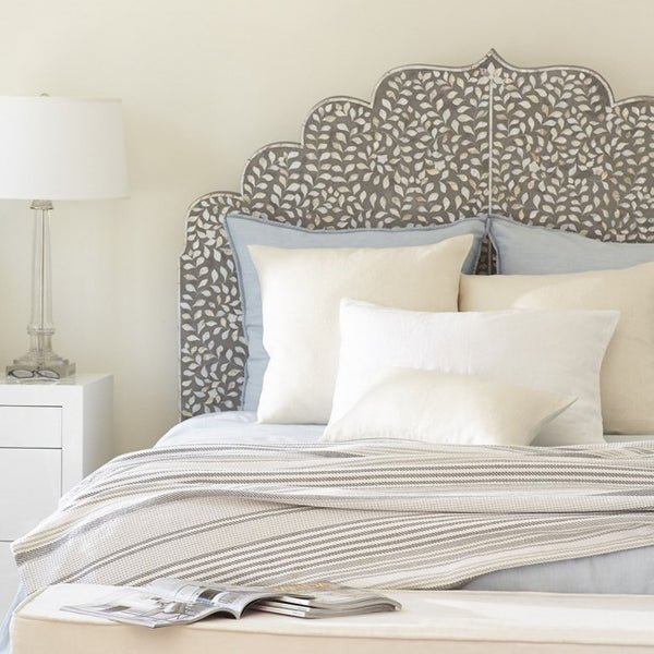 Handmade Bone Inlay Mehrab Bed Headboard - Black Floral Pattern Queen Size for Master Bedroom Decor | Elegant Boho Chic Bedroom Furniture with Carved Details