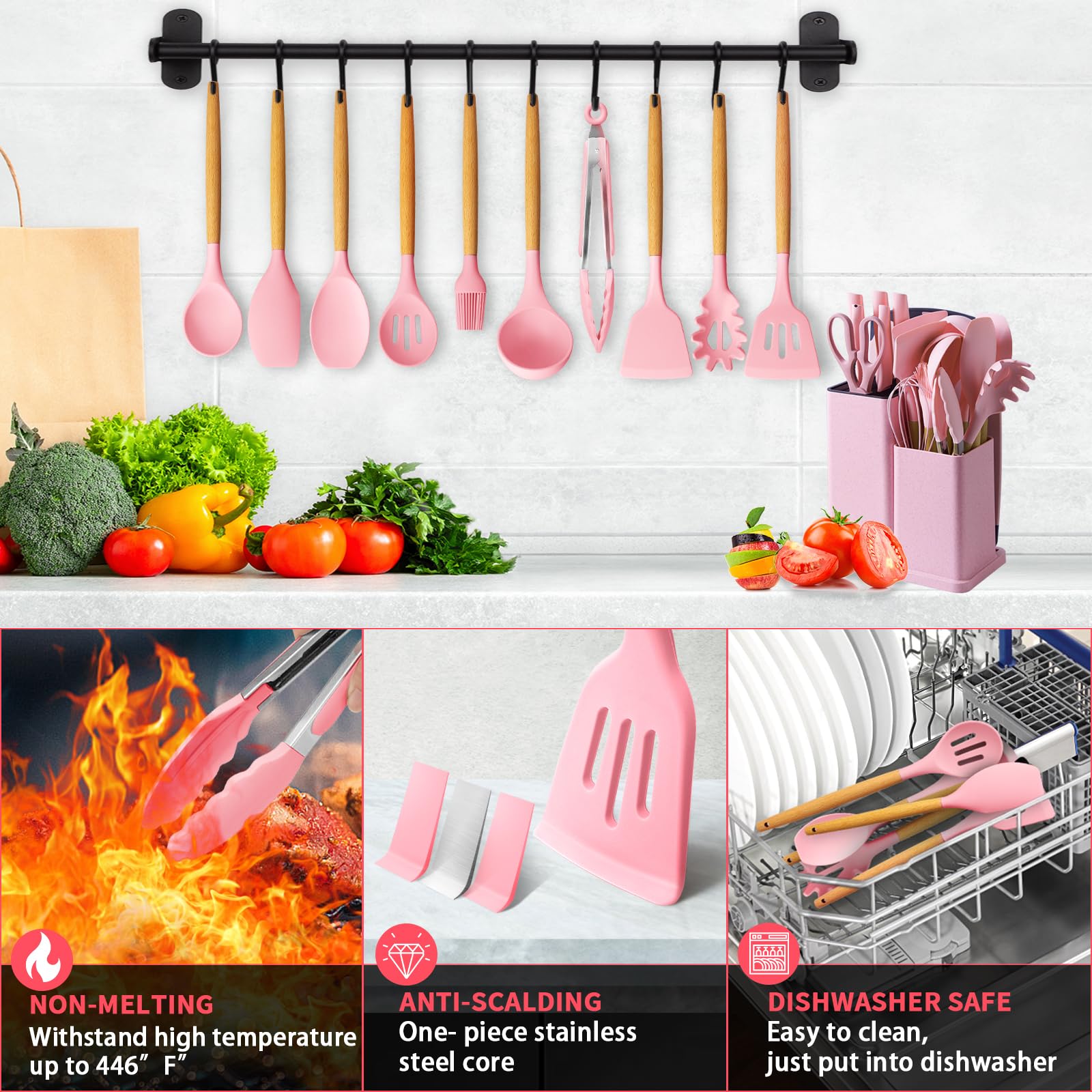 19-Piece Silicone Cooking Utensil Set with Wooden Handle - Non-Stick Heat Resistant Kitchen Tools for Baking & Cooking (Pink)