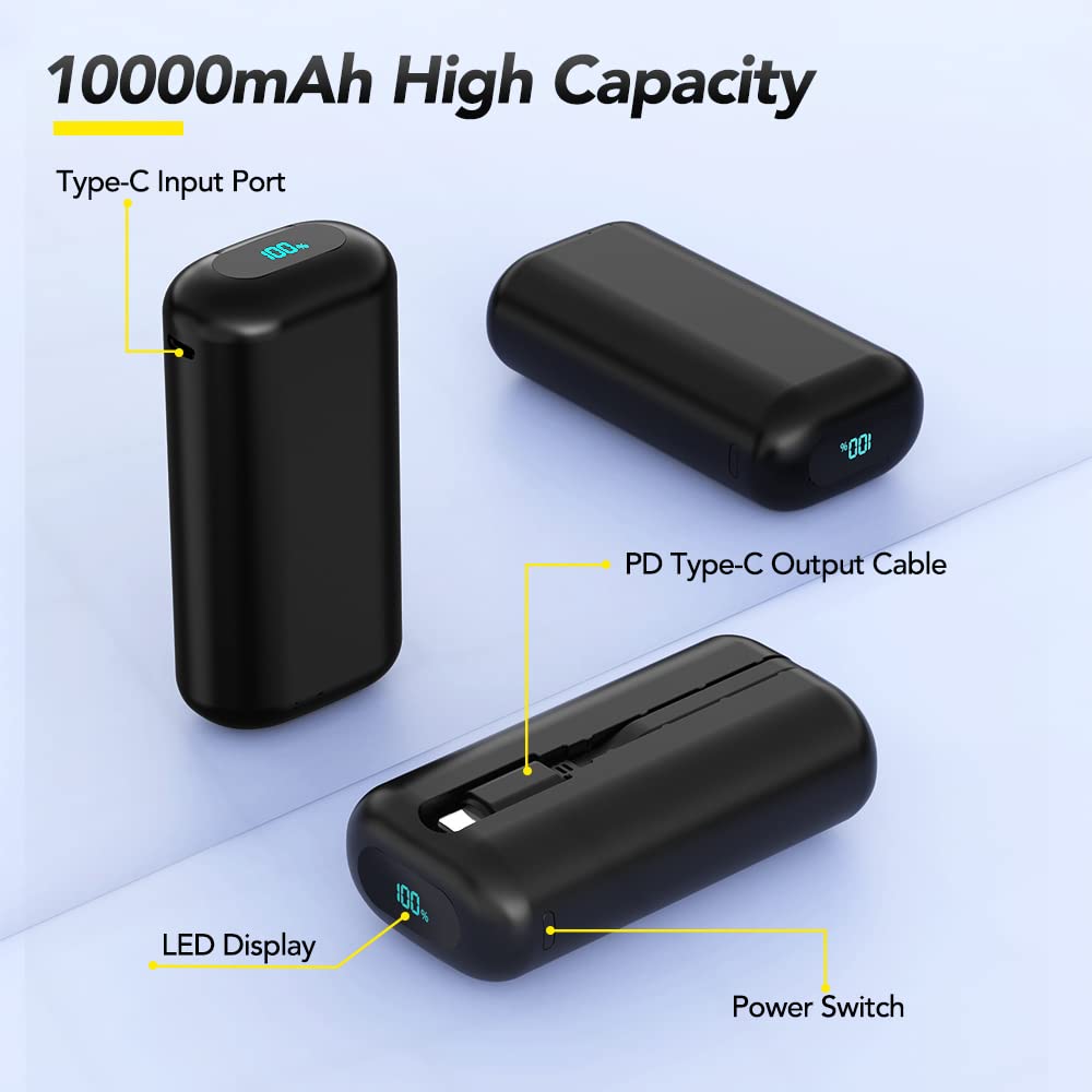 Portable USB C Power Bank 10000mAh with Built-in Cable - 20W PD Fast Charging Battery Pack for iPhone 15/15 Plus/15 Pro, Samsung Galaxy S23/S22/S21/S20, LG, Moto, Google Pixel - Compact & Lightweight for Travel, Camping, and Everyday Use (Black)