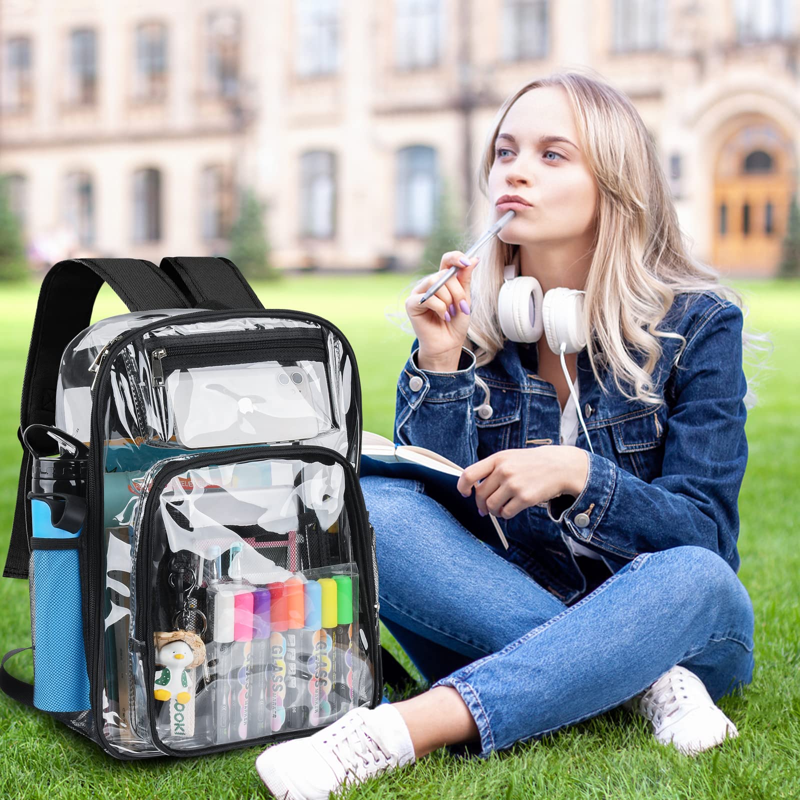 AnSun Clear PVC Backpack - Large Heavy Duty Transparent Bookbag for School, Work, Travel & Sports - Reinforced Shoulder Straps for Kids & Adults - Ideal for Airport Security, Concerts & Stadium Events (Carbon Black)
