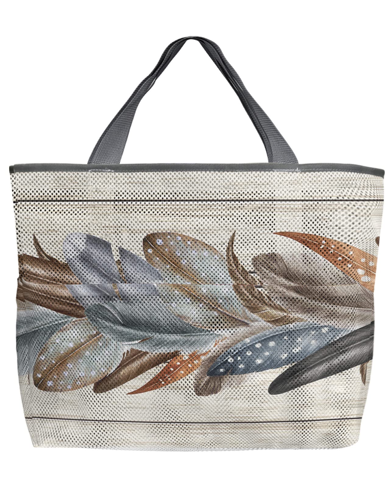 Women's Beach Tote Bag with Mesh Design - Feather Wave Print Grocery Pool Bag for Travel, Picnic & Outdoor Activities | Lightweight & Water-Resistant for Beach, Shopping & Summer Adventures