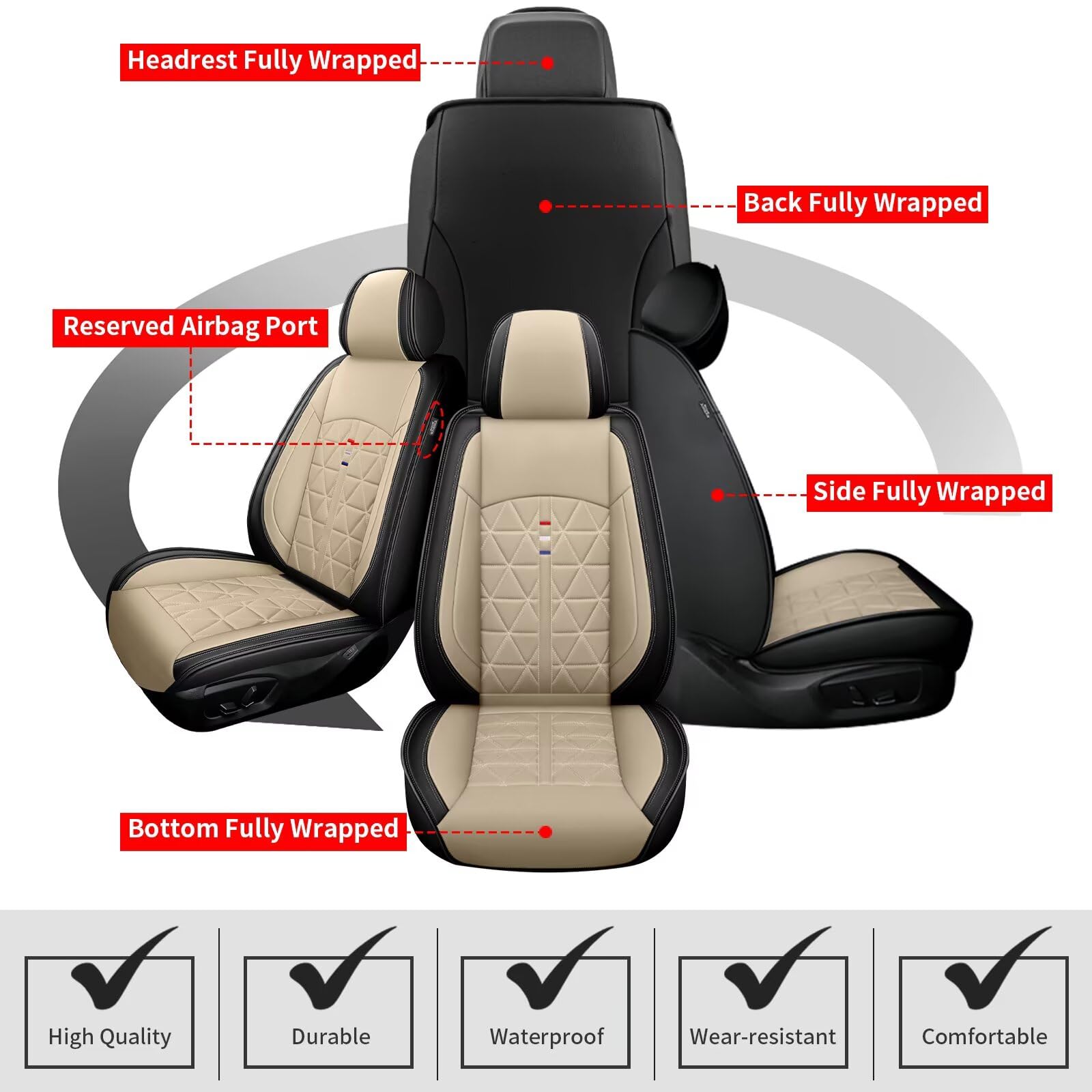 Premium Waterproof Leather Seat Covers Full Set for Honda Pilot 2005-2016 - Airbag Compatible 5-Seat Car Accessories (Black & Beige) | Perfect for Road Trips, Family Travel & Everyday Commuting