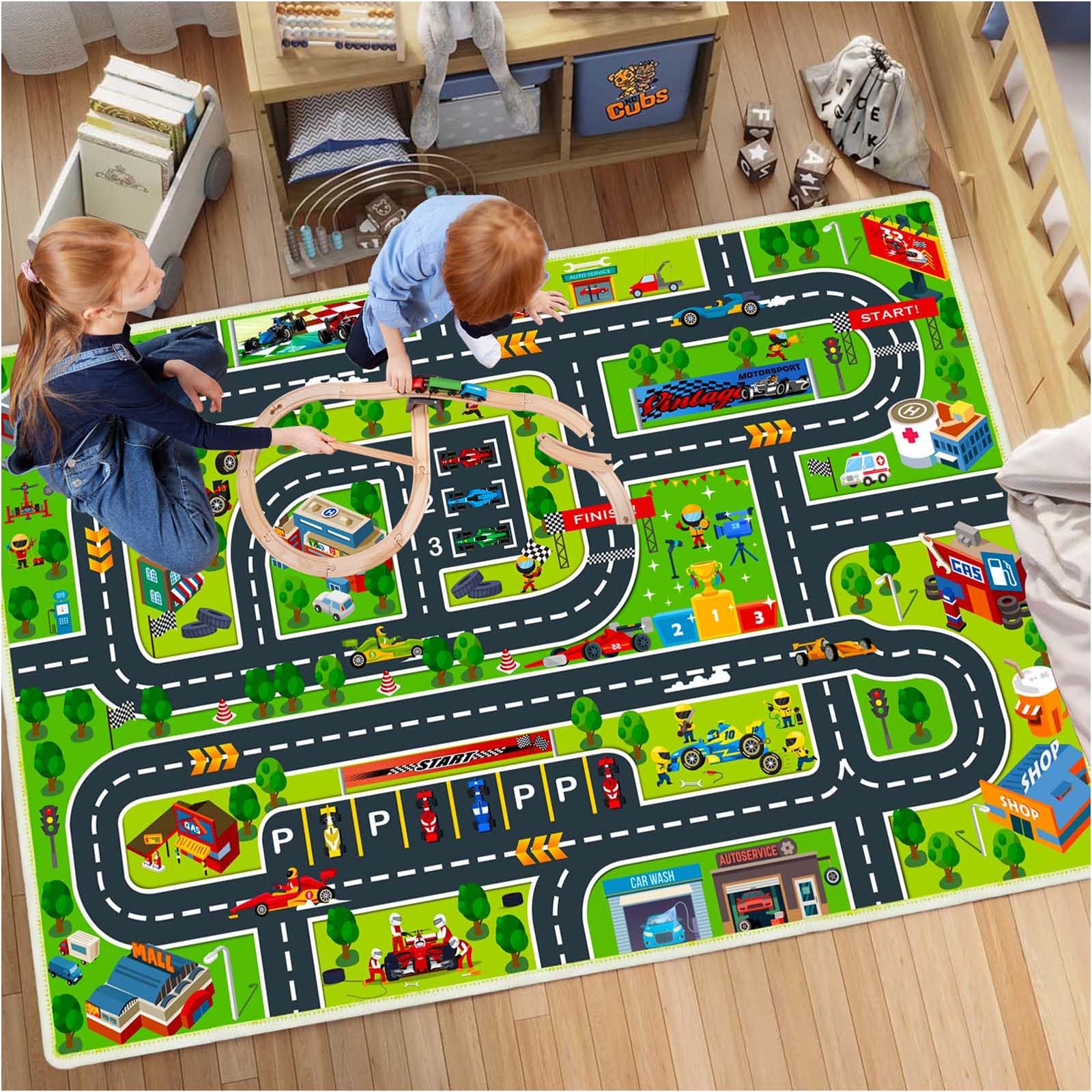 Kids Play Rug - Race Car Game Carpet for Playroom, Classroom & Bedroom | 3.9x5.9ft Non-Slip Floor Mat | Perfect for Pretend Play, Learning & Room Decor