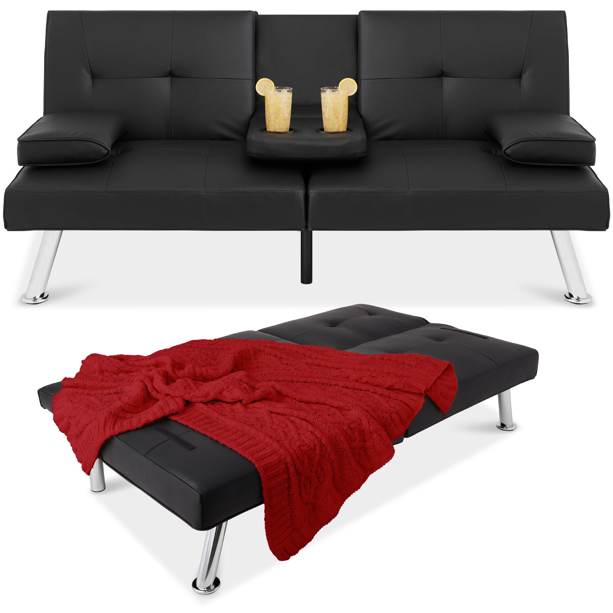 Best Choice Products Faux Leather Convertible Futon Sofa Bed - Adjustable Folding Guest Bed with Removable Armrests - Modern Upholstered Sleeper for Small Spaces, Apartments & Home Office - Black