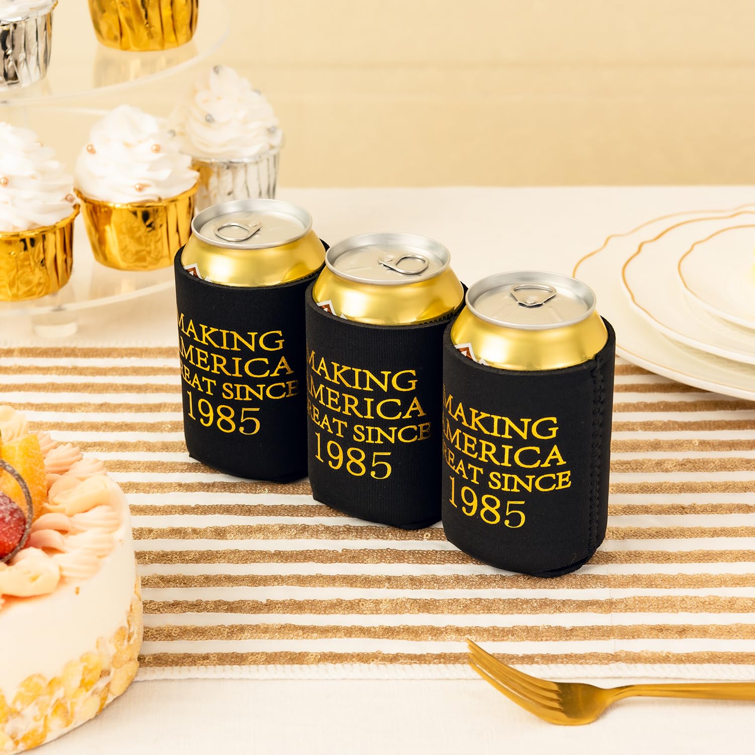 40th Birthday Beer Sleeve Can Cooler - Insulated Neoprene Can Covers for Beer & Soda (24 Pack, Black & Gold) - Perfect for 1985 Birth Year Parties, Tailgating & Outdoor Events