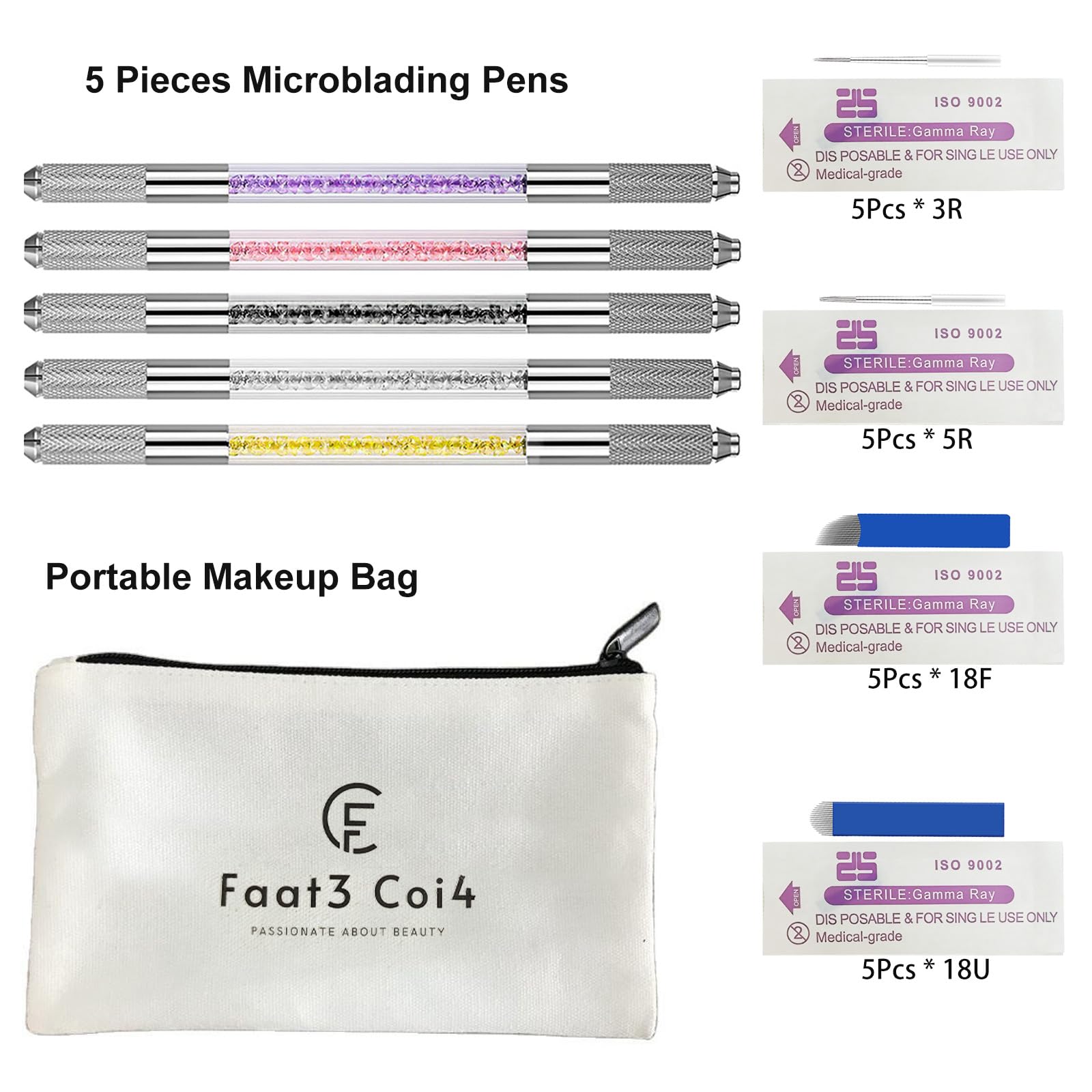 Microblading Pen Set - 5 Piece Double Sided Manual Eyebrow Tattoo Kit with Microblade Tools for Professional Salon & Home Makeup Supplies - Perfect for Eyebrow Shaping & Enhancement